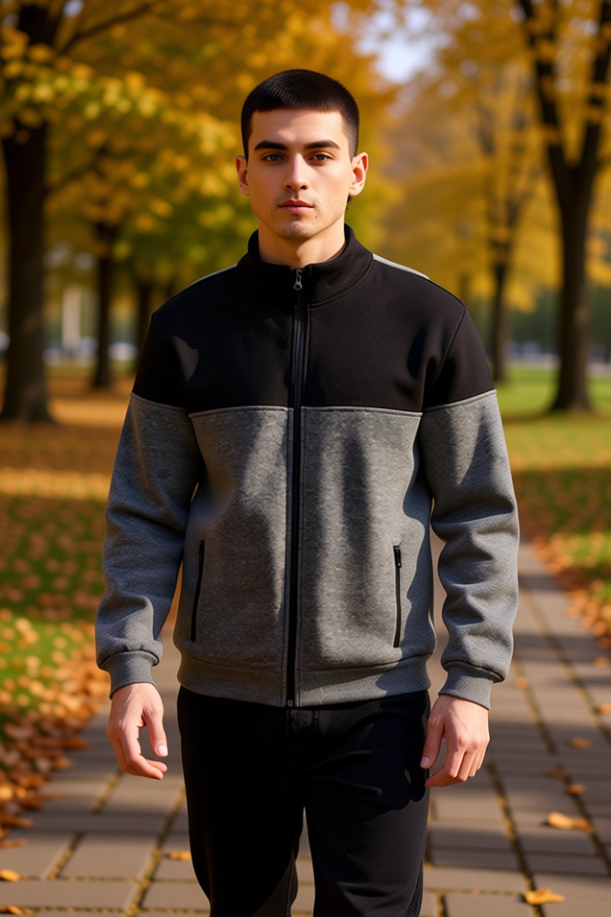 Erkek Dik Yaka Standart Kol Fermuarlı Renk Bloklu Sweatshirt Fonksiyonel Dayanıklı Estetik