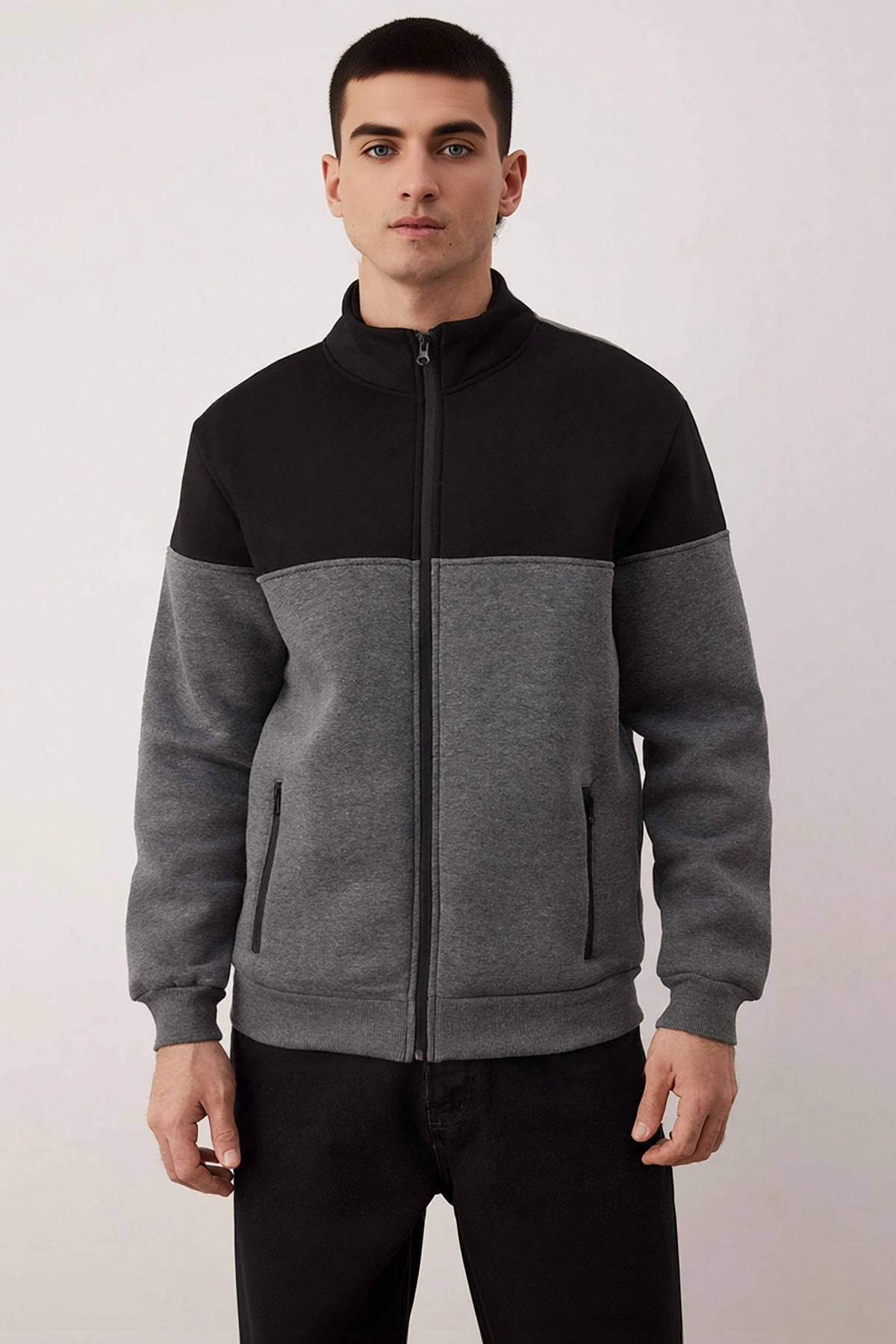 Erkek Dik Yaka Standart Kol Fermuarlı Renk Bloklu Sweatshirt Fonksiyonel Dayanıklı Estetik