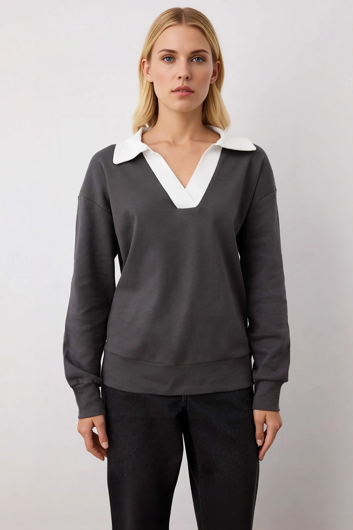 Kadın Polo Yaka Düşük Kol Renk Bloklu %100 Pamuk Sweatshirt Fonksiyonel Dayanıklı Kaliteli