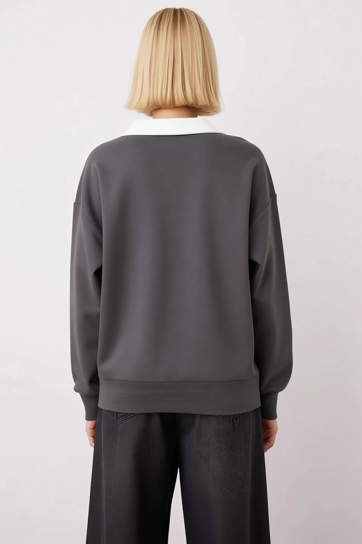 Kadın Polo Yaka Düşük Kol Renk Bloklu %100 Pamuk Sweatshirt Fonksiyonel Dayanıklı Kaliteli