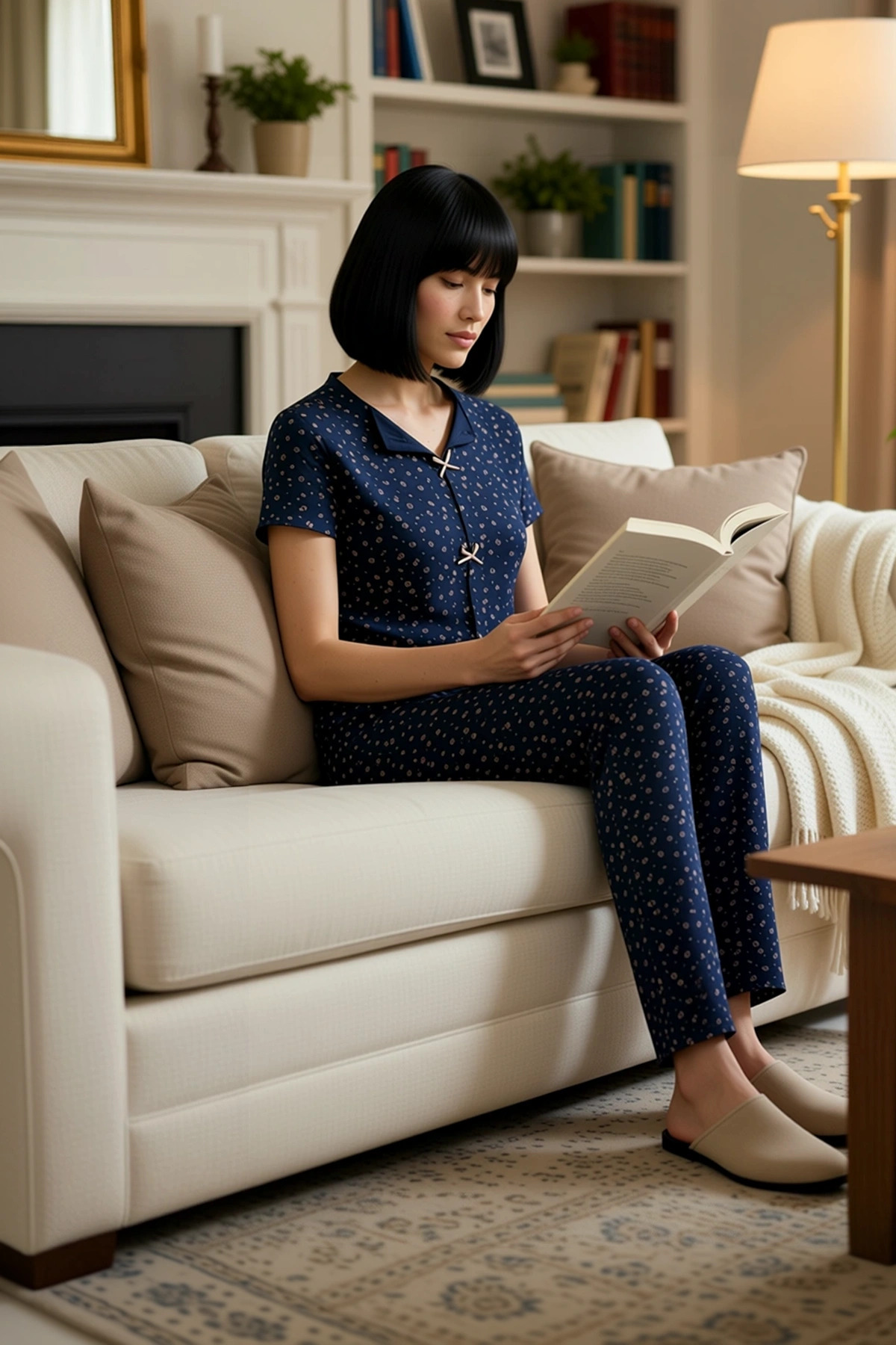 Kadın V Yaka Kısa Kol Çiçekli Pointel Örme Pijama Takımı Fonksiyonel Dayanıklı Şık %100 Pamuk