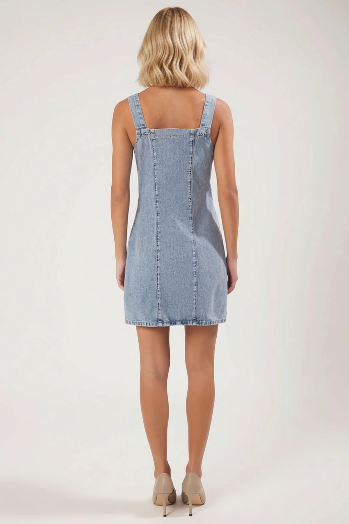 Kadın Kare Yaka Kolsuz Düz Mini Denim Elbise Fonksiyonel Dayanıklı Kaliteli Şık %100 Pamuk