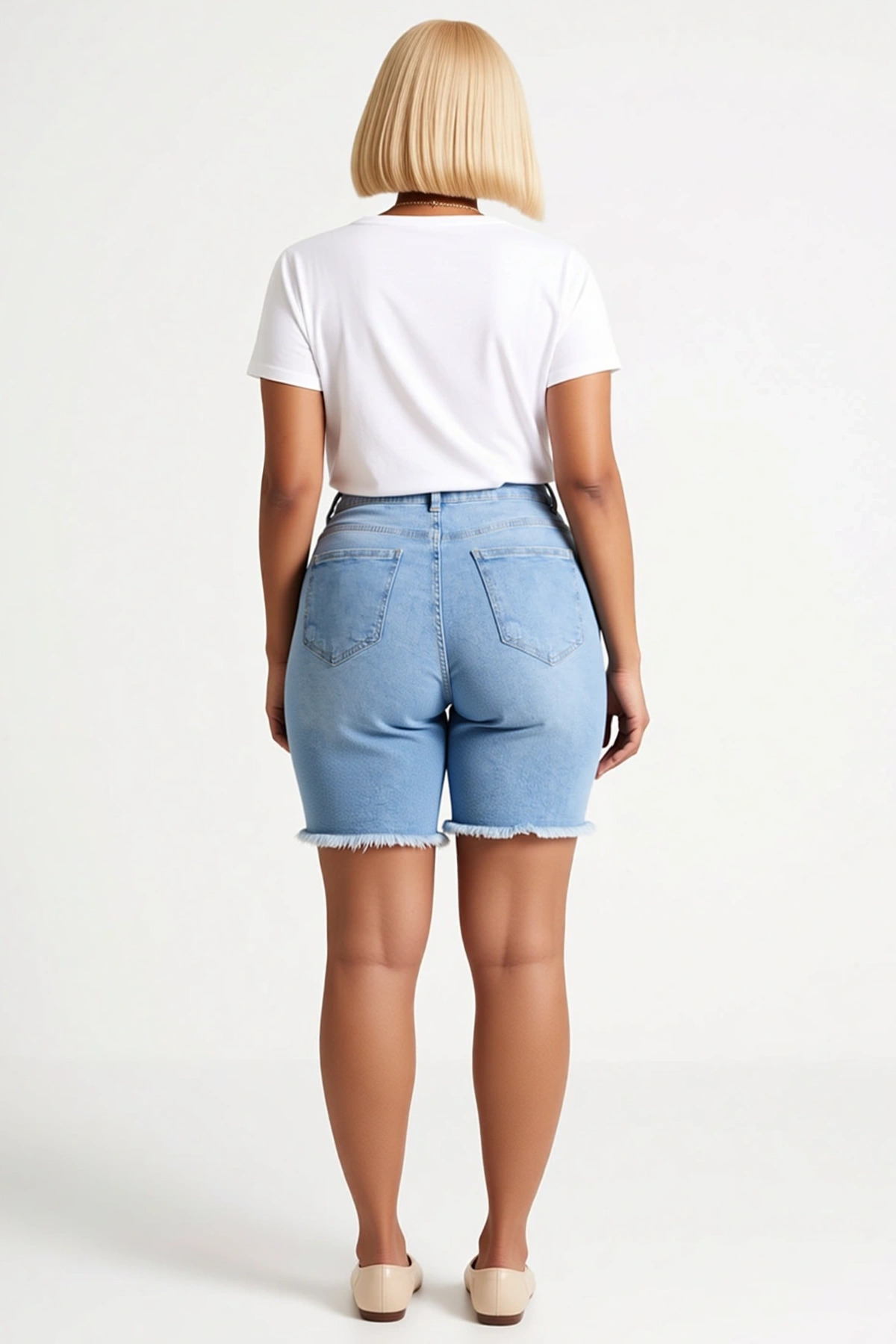 Kadın Büyük Beden Şort Denim Yüksek Bel Skinny Kesim Esnek Düğme Fermuar Cepli Kısa Paça Püsküllü