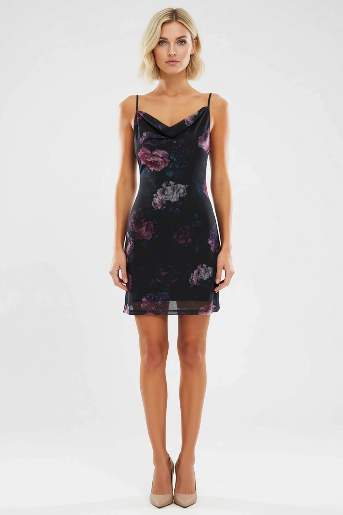 Kadın Degaje Yaka Kolsuz Çiçek Baskılı Mini Örme Elbise Kalıp Bodycon Fonksiyonel Kaliteli