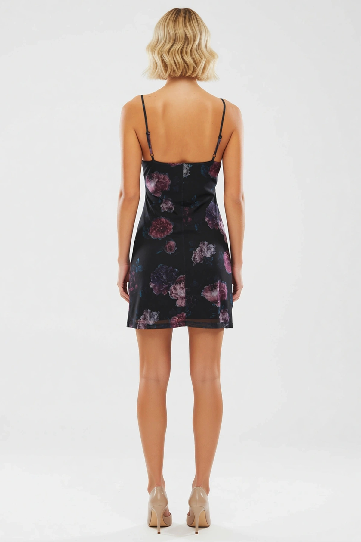 Kadın Degaje Yaka Kolsuz Çiçek Baskılı Mini Örme Elbise Kalıp Bodycon Fonksiyonel Kaliteli