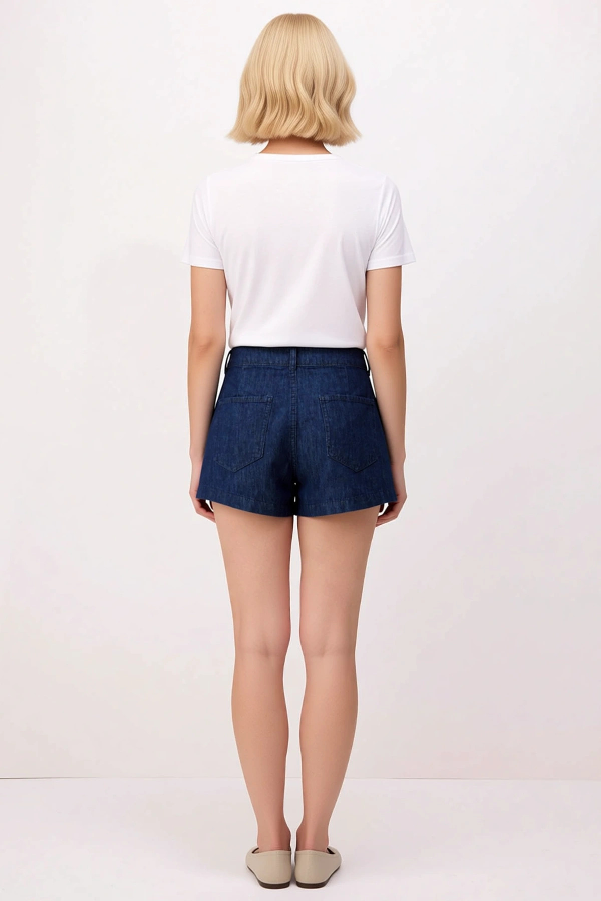 Kadın Mini Şort Yüksek Denim Boru Paça Rigid Dokuma City Kalıp Düz Desen Fonksiyonel