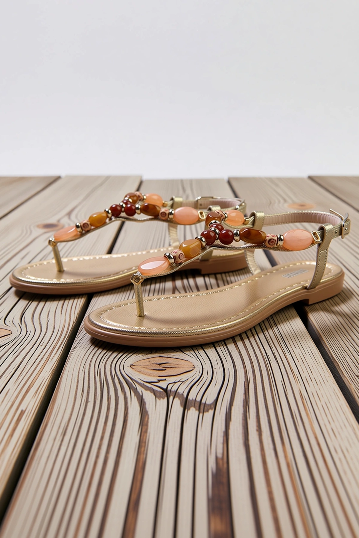 Kadın Düz Topuklu T-Strap Sandalet Bilekten Bağlamalı Boncuk Detaylı Suni Deri Yazlık Ayakkabı Rahat