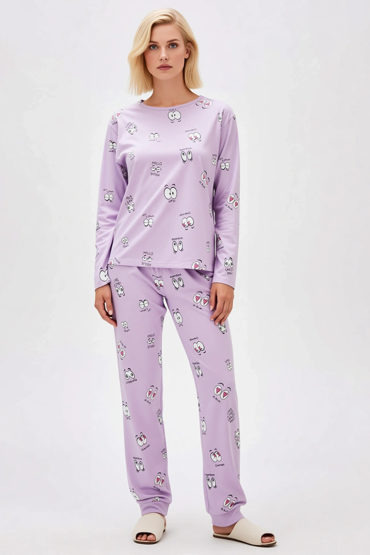 Kadın Bisiklet Yaka Düşük Kol Göz Desenli Pijama Takımı Fonksiyonel Dayanıklı