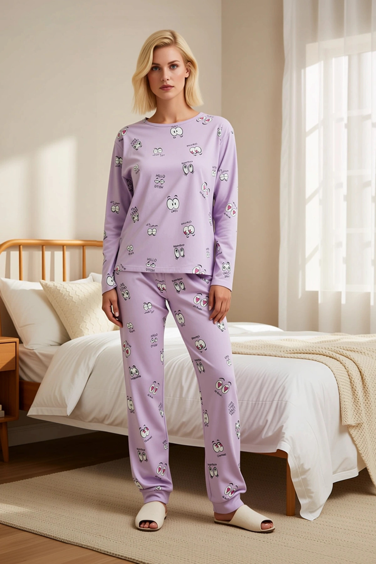 Kadın Bisiklet Yaka Düşük Kol Göz Desenli Pijama Takımı Fonksiyonel Dayanıklı