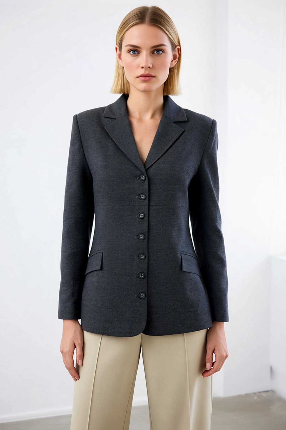 Kadın Ceket Yaka Uzun Kol Düz Desen Vücuda Oturan Kalıp Dokuma Blazer Ceket Fonksiyonel Şık