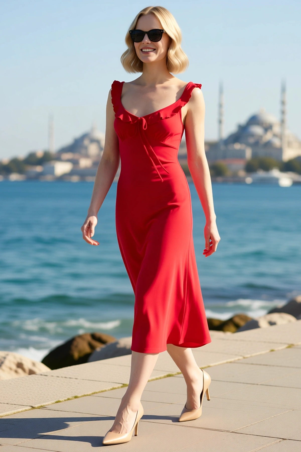 Kadın Maxi Bodycon V Yaka Kolsuz Volanlı Askılı Astarlı Esnek Örme Elbise Günlük Rahat Modern Şık