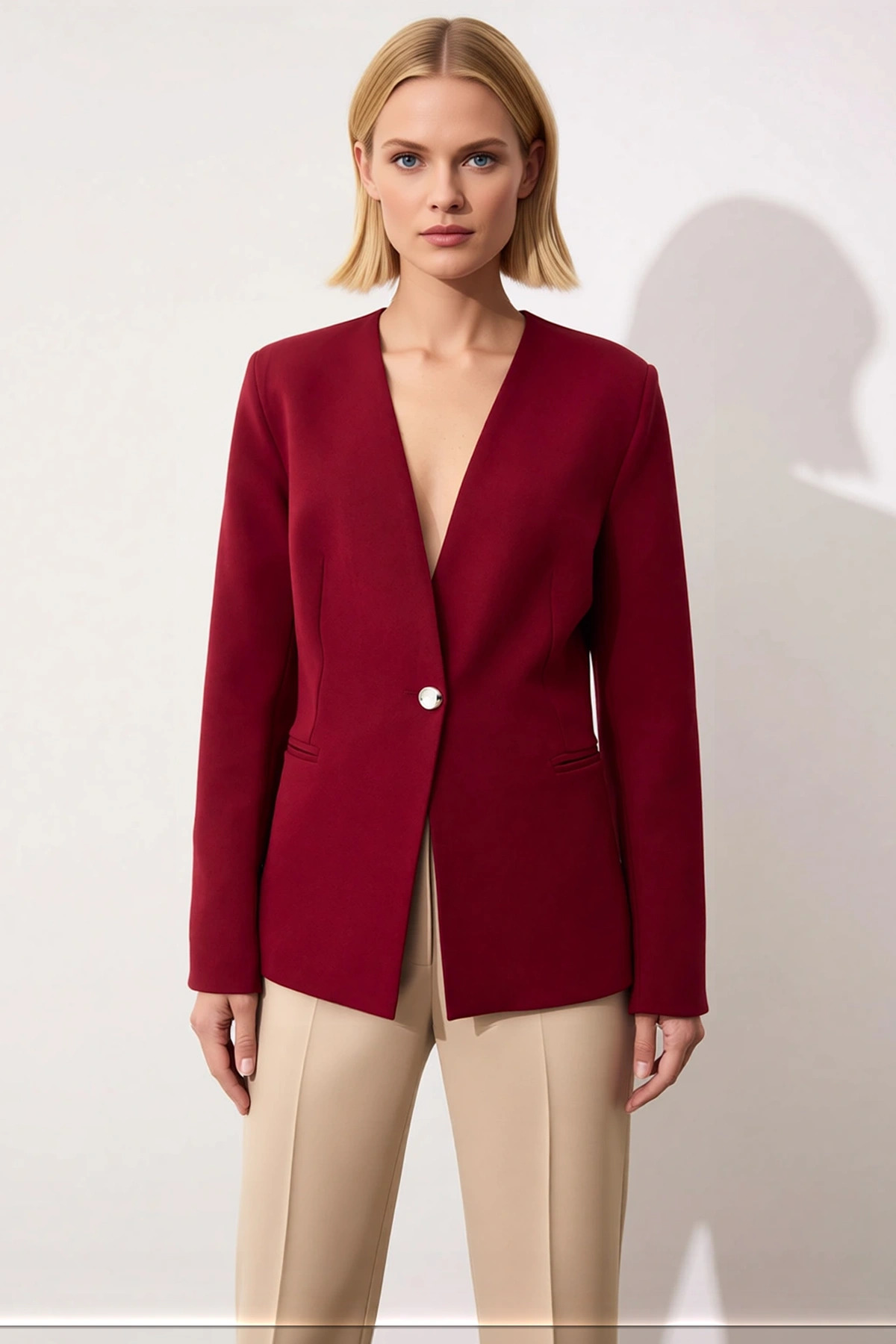 Kadın V Yaka Uzun Kol Düz Dokuma Blazer Ceket Fonksiyonel Dayanıklı Kaliteli Konforlu Spor