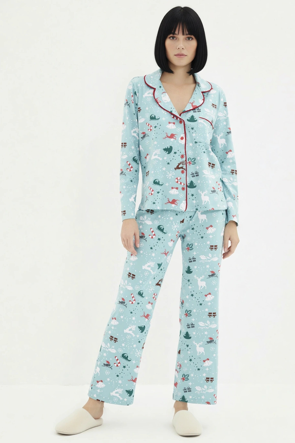 Kadın Gömlek Yaka Uzun Kol Fitted Kışlık Örme Pijama Takımı Fonksiyonel Rahat