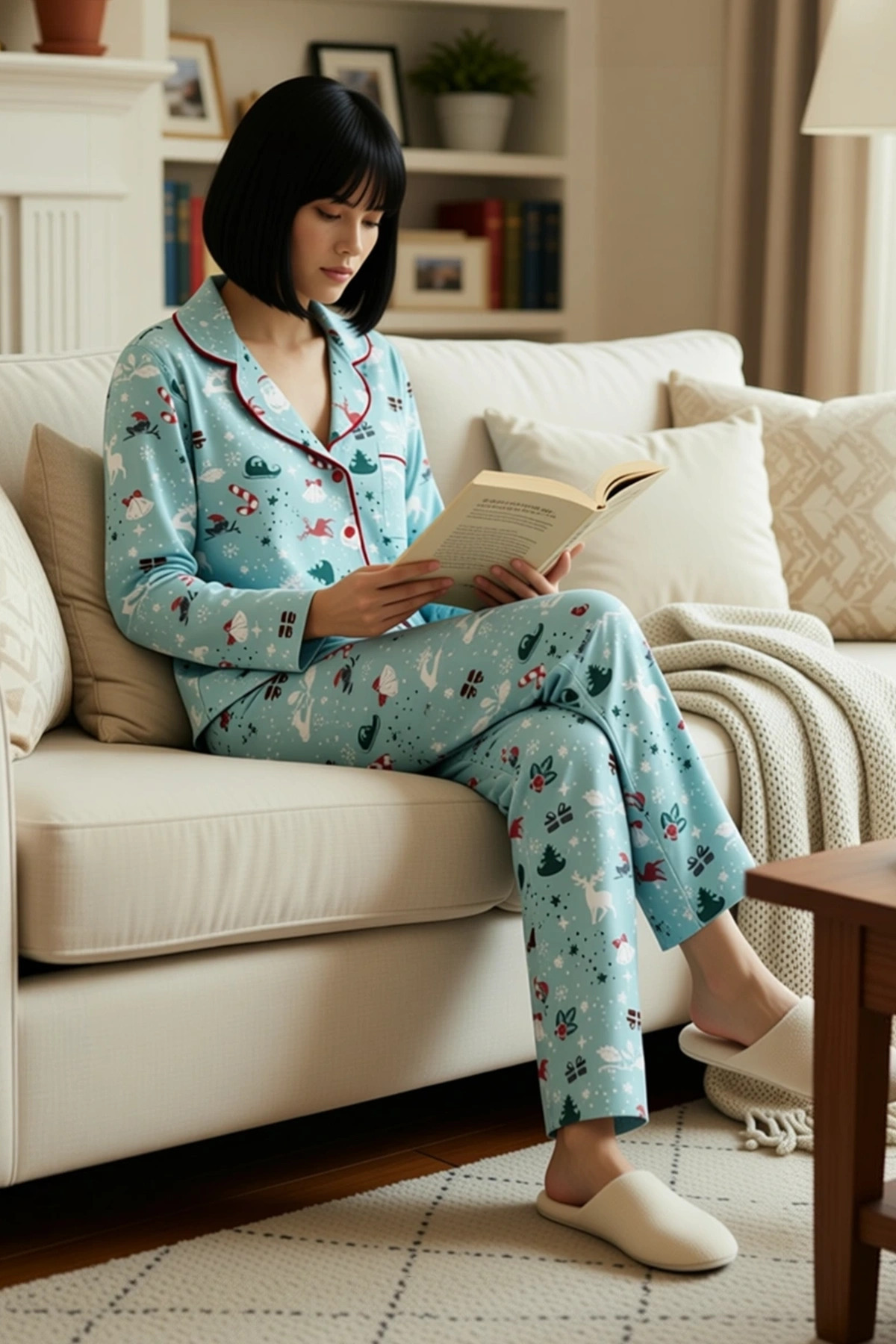 Kadın Gömlek Yaka Uzun Kol Fitted Kışlık Örme Pijama Takımı Fonksiyonel Rahat