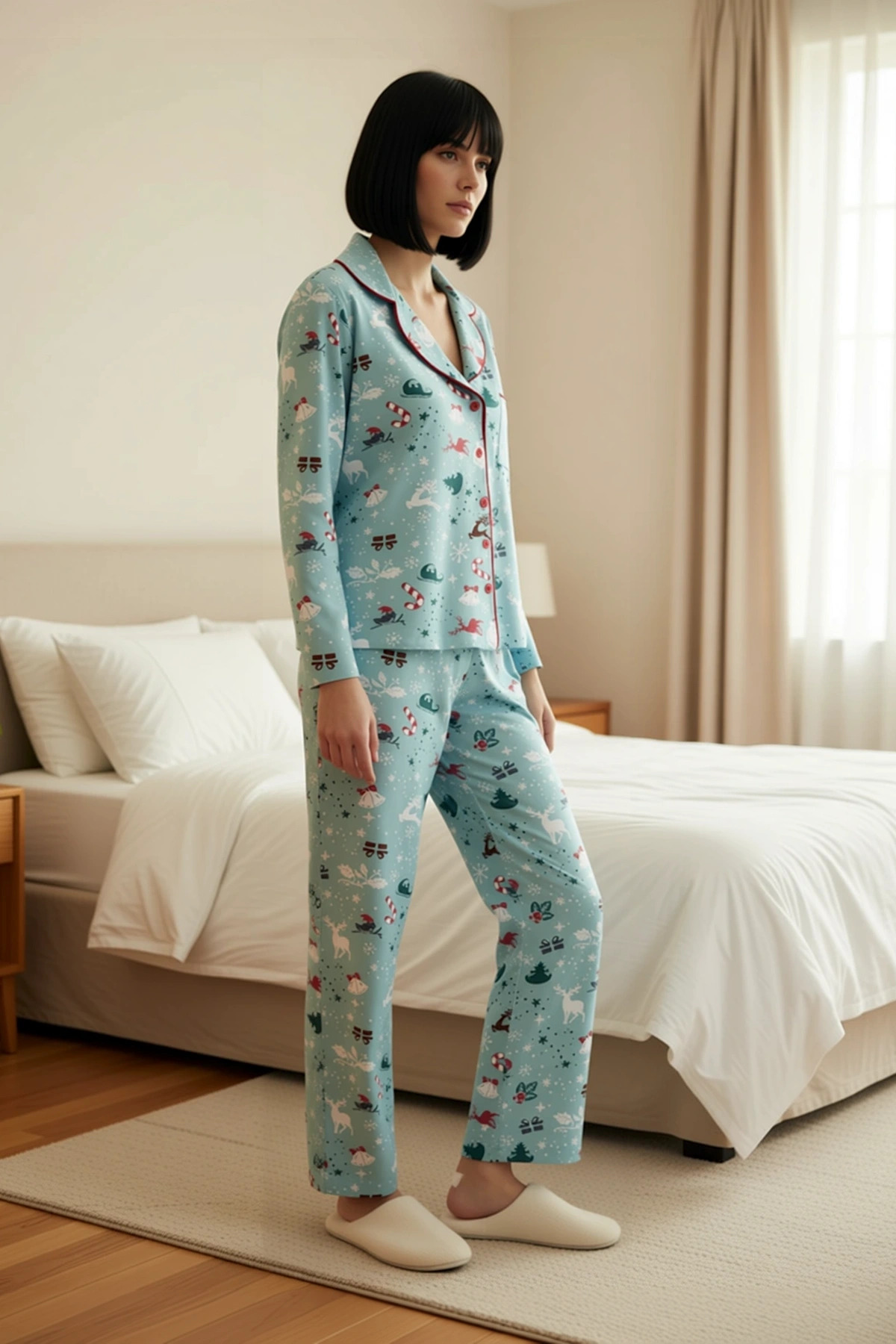 Kadın Gömlek Yaka Uzun Kol Fitted Kışlık Örme Pijama Takımı Fonksiyonel Rahat