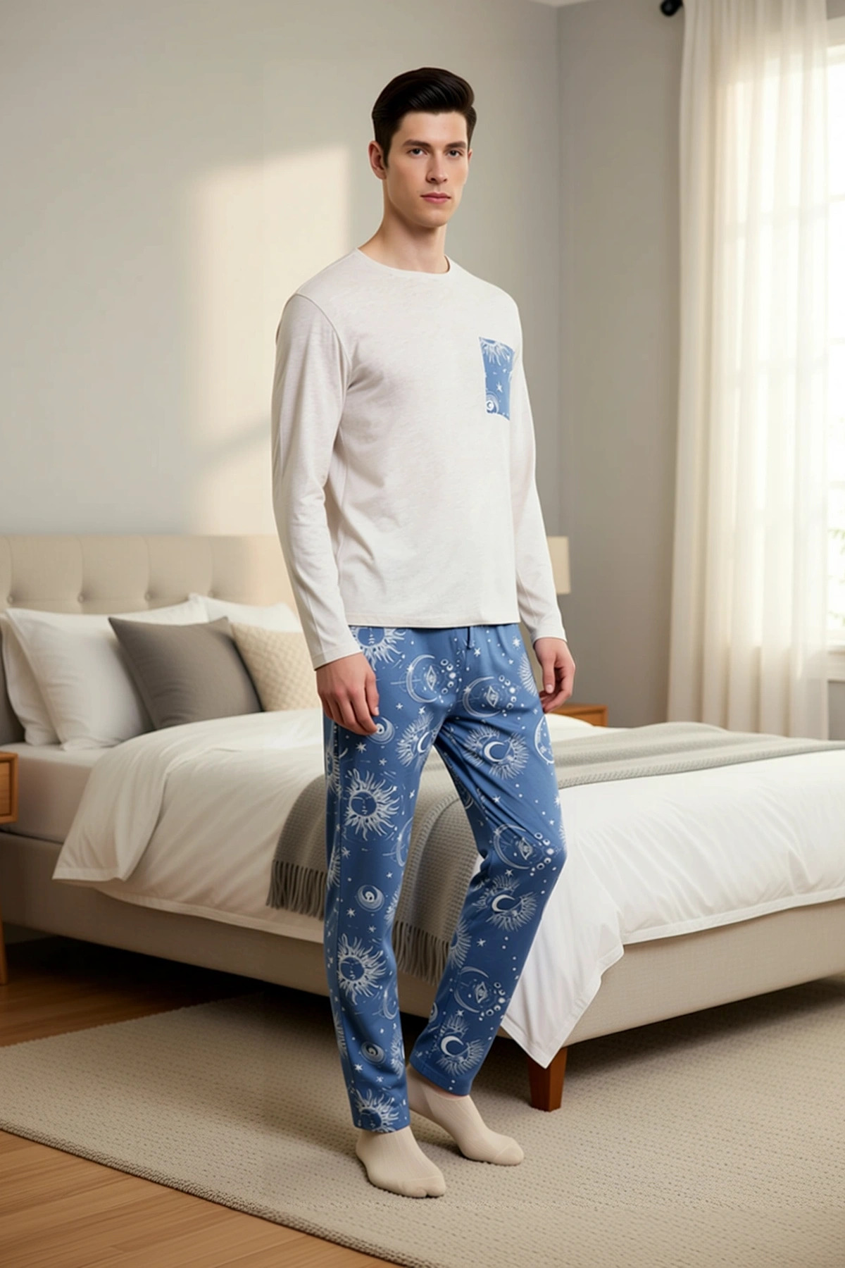 Erkek Bisiklet Yaka Standart Kol Regular Fit Pijama Takımı Fonksiyonel Kaliteli %100 Pamuk