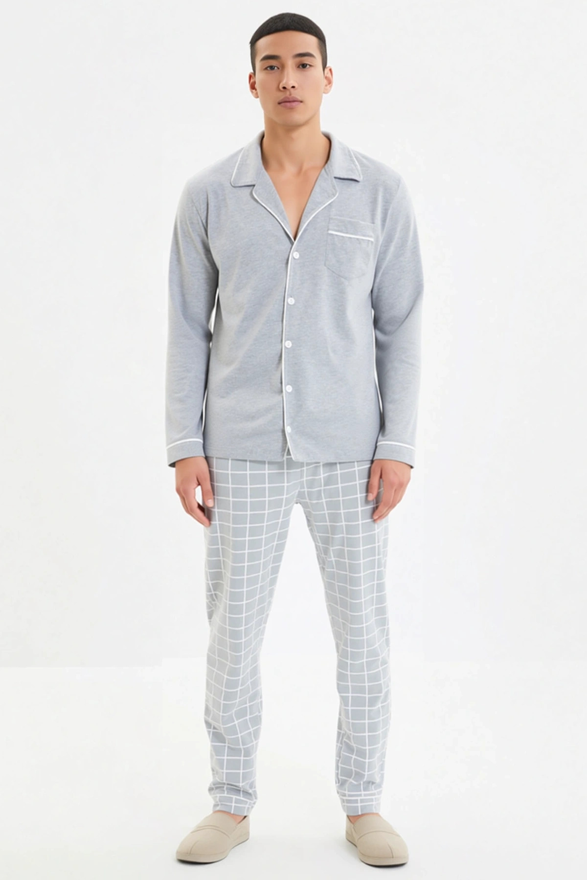 Erkek Gömlek Yaka Standart Kol Regular Fit Ekose Desenli Pijama Takımı Kaliteli %100 Pamuk