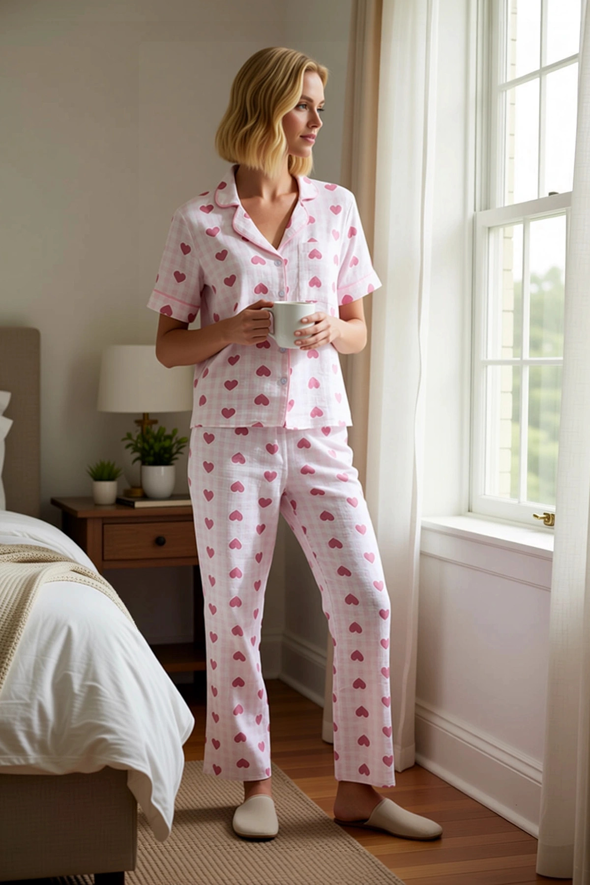 Alternative view of Kadın Müslin Dokuma Gömlek Yaka Kısa Kol Kalp Desenli Pijama Takımı Fonksiyonel 0 Pamuk