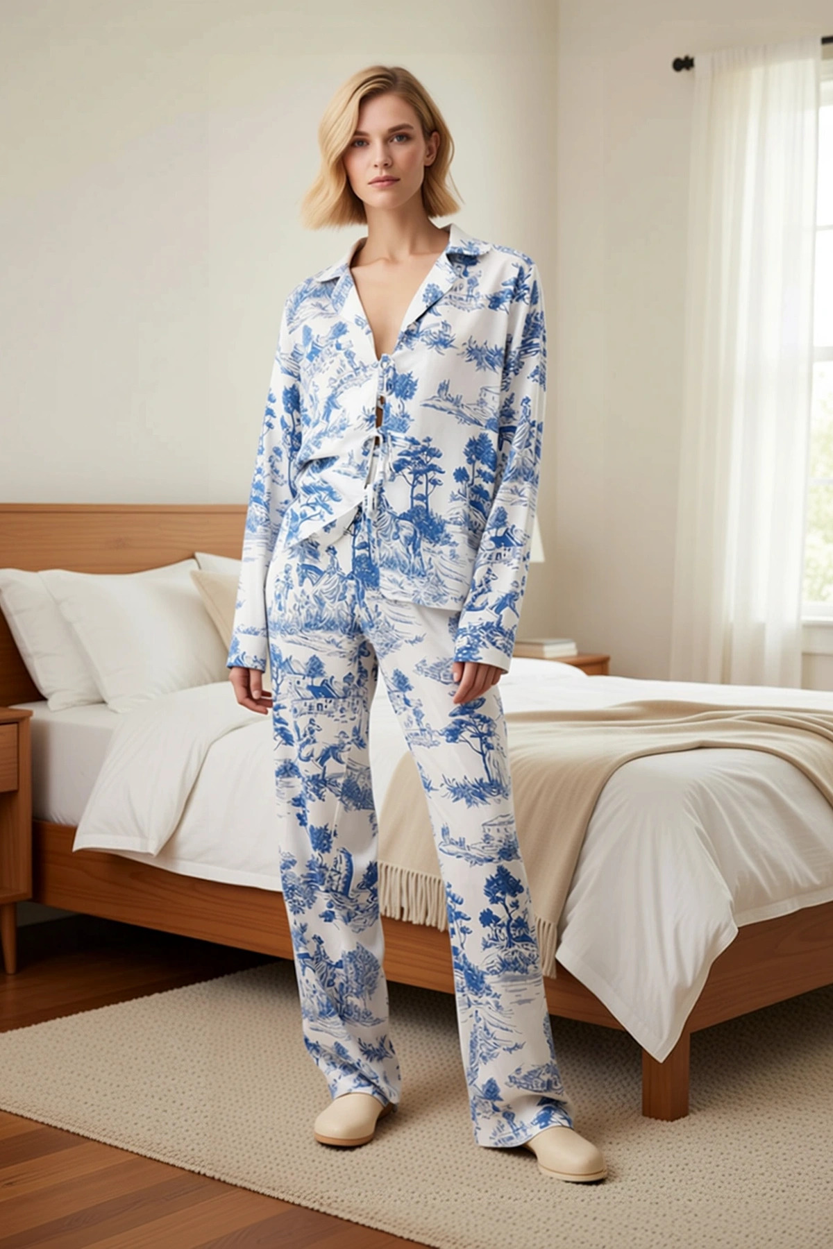 Kadın Gömlek Yaka Tek Kol Uzun Kollu Regular Kalıp Dokuma Pijama Takımı Modern