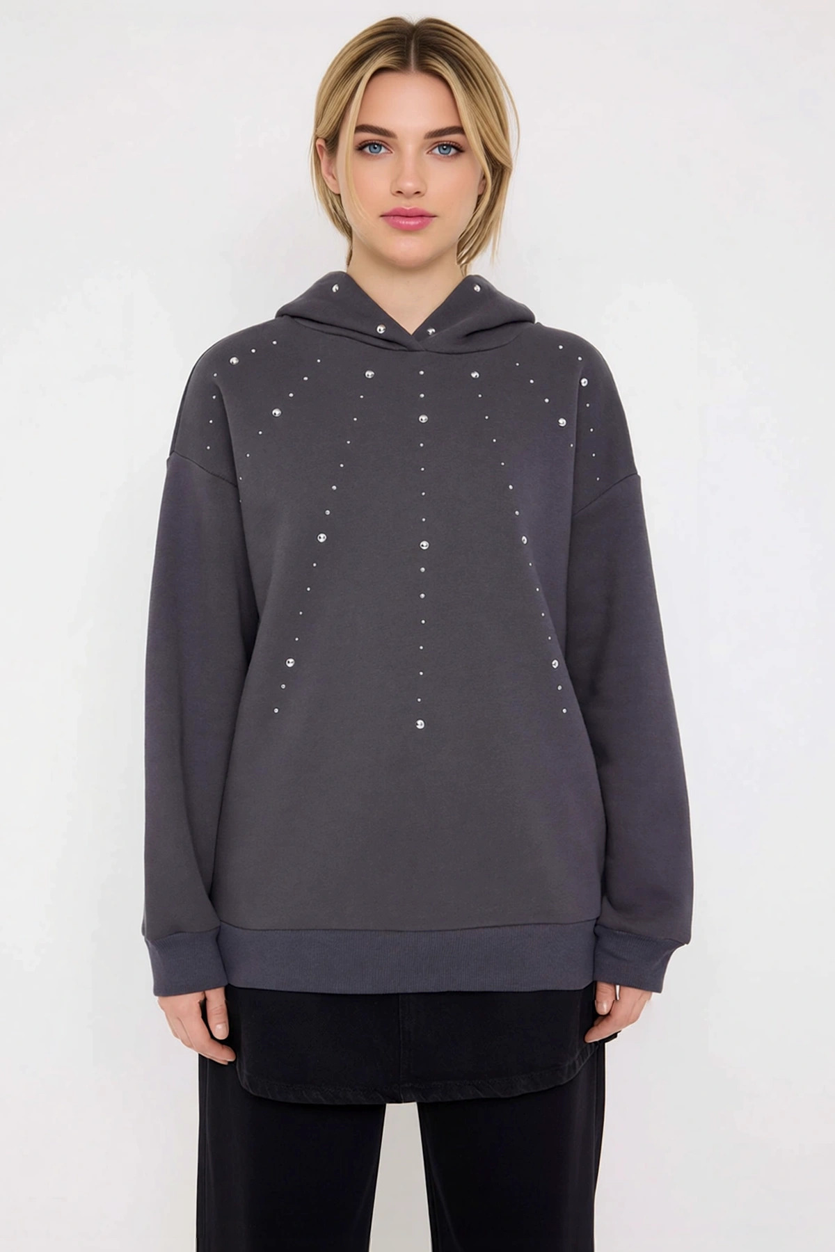 Kadın Kapüşonlu Düşük Kol Oversize Kalıp Sweatshirt Fonksiyonel Dayanıklı Kaliteli Estetik