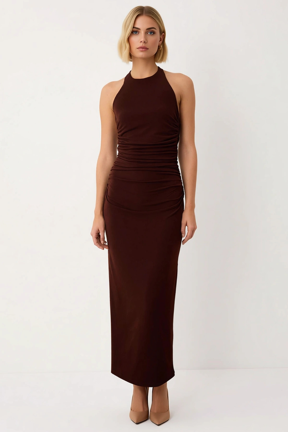 Kadın Kolsuz Bisiklet Yaka Midi Elbise Büzgülü Detaylı Bodycon Kesim Esnek Örme Kumaş Günlük Rahat
