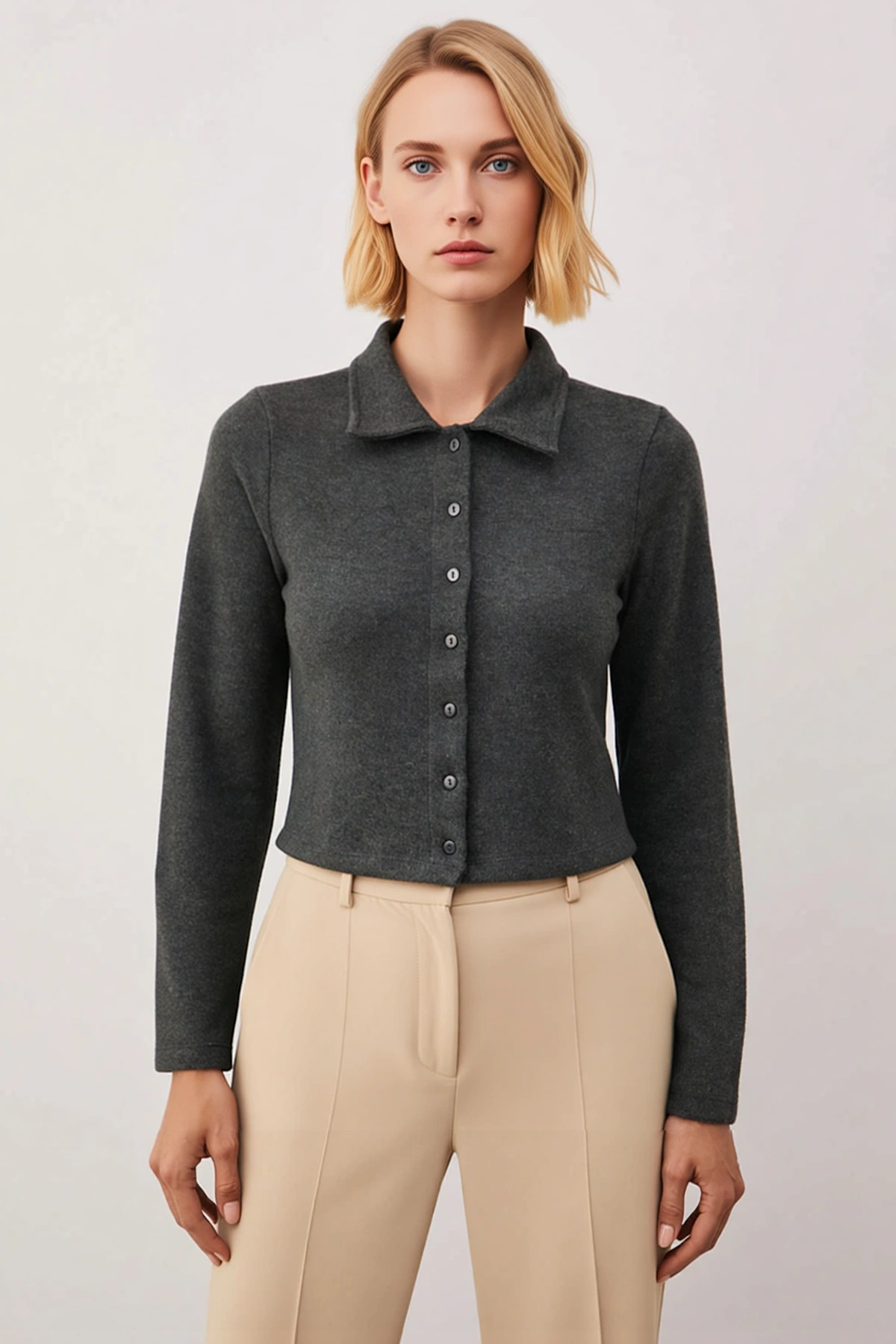 Kadın Bluz Crop Polo Yaka Uzun Kol Düğmeli Esnek Örme Kaşkorse Dokuma Düz Desen Regular Kalıp