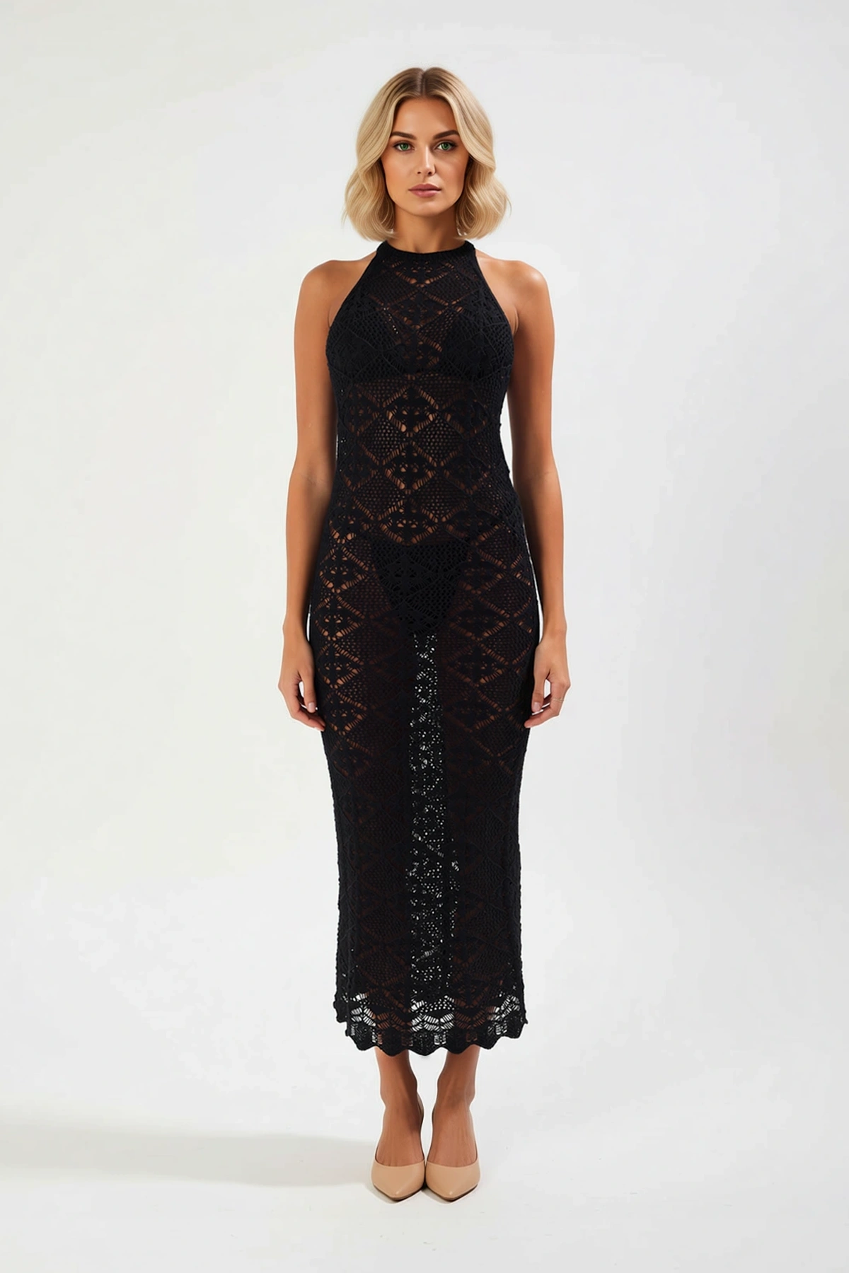 Kadın Kolsuz Halter Yaka Maxi Plaj Elbisesi Sırt Dekolteli Bodycon Triko Dokulu Astarsız Günlük