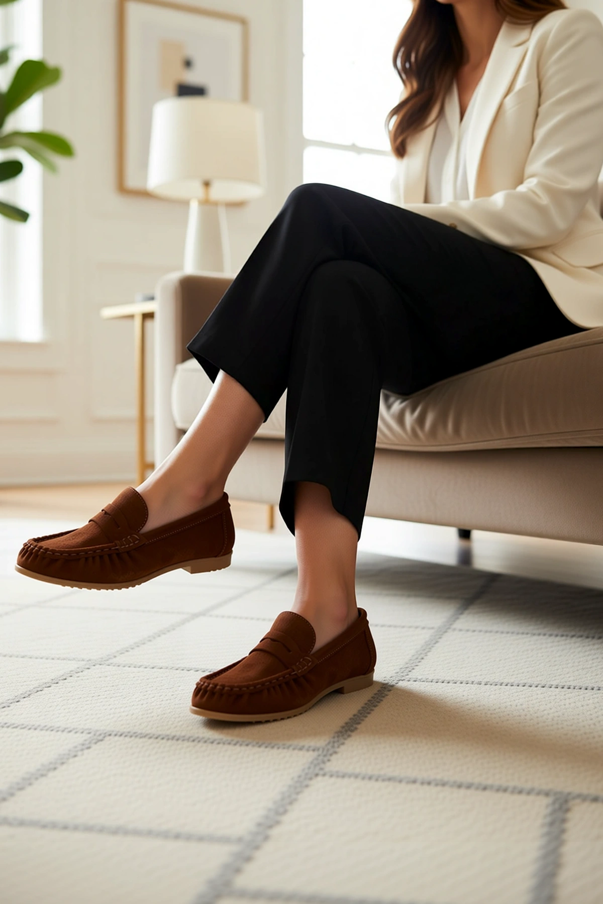 Kadın Hakiki Süet Yumuşak Makosen Loafer Bağcıksız Düz Topuklu Rahat Günlük Ayakkabı Modern Şık