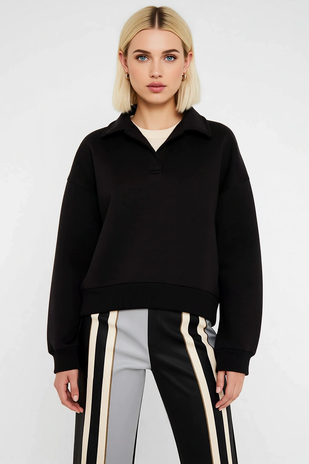 Kadın Polo Yaka Düşük Kol Regular Kalıp Örme Sweatshirt Fonksiyonel Dayanıklı Kaliteli Şık