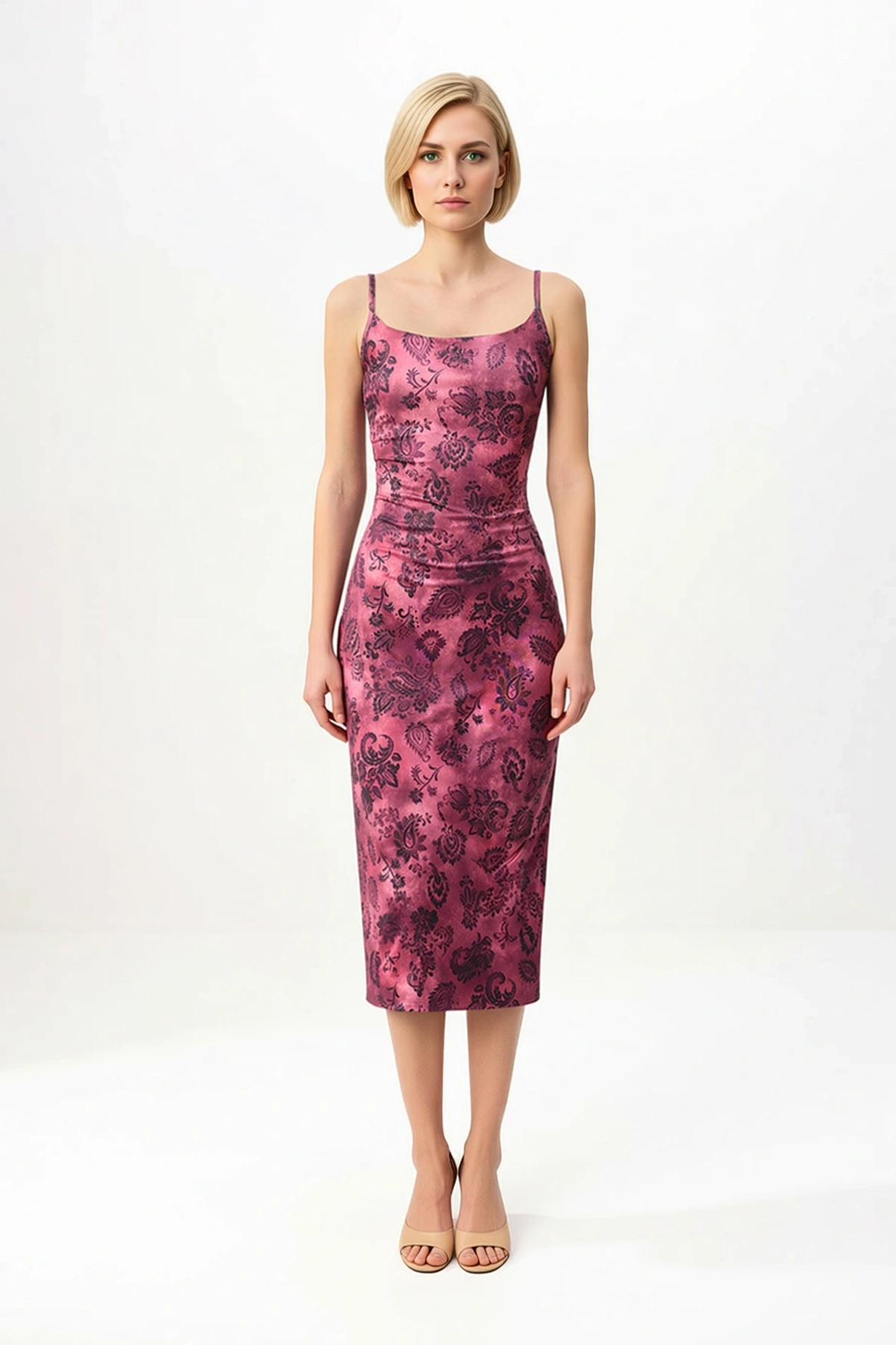 Kadın İnce Askılı Kare Yaka Çiçek Desenli Bodycon Midi Esnek Örme Elbise Günlük Rahat Modern Şık