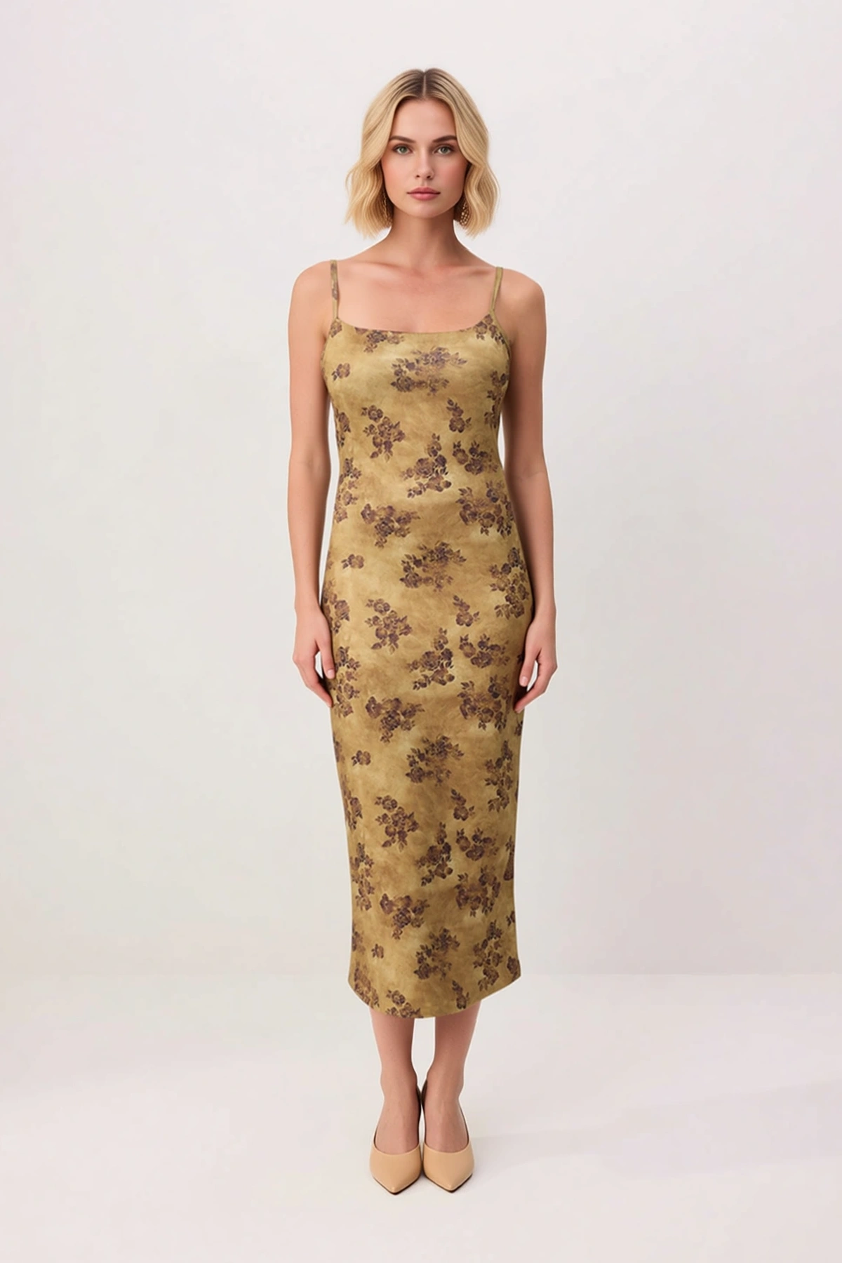 Kadın İnce Askılı Kare Yaka Çiçek Desenli Bodycon Midi Esnek Örme Elbise Günlük Rahat Modern Şık