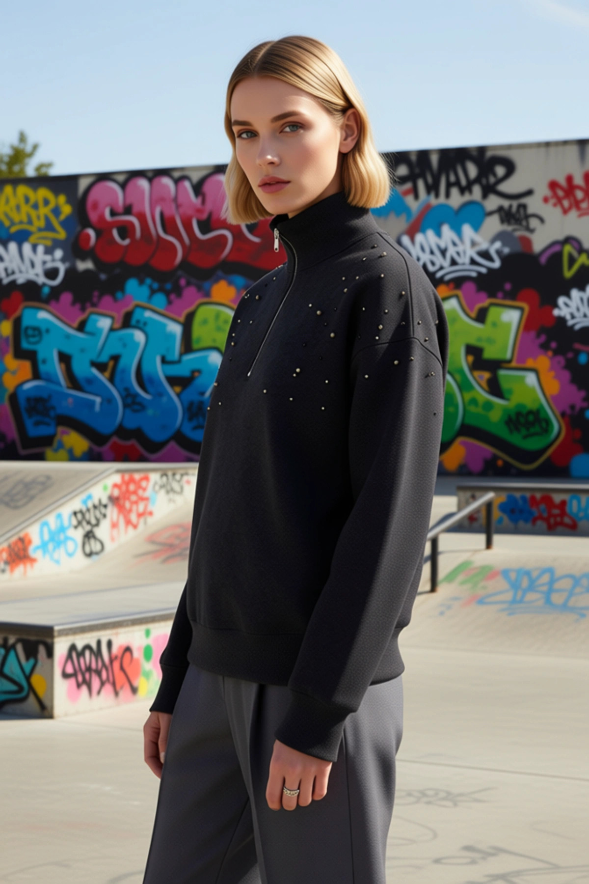 Kadın Dik Yaka Düşük Kol Yarım Pat Fermuarlı Sweatshirt Fonksiyonel Dayanıklı Kaliteli Şık