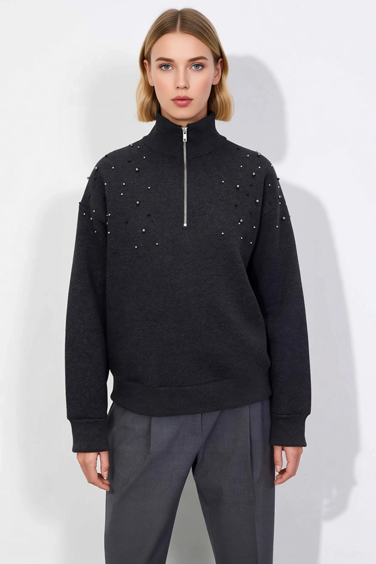 Kadın Dik Yaka Düşük Kol Yarım Pat Fermuarlı Sweatshirt Fonksiyonel Dayanıklı Kaliteli Şık