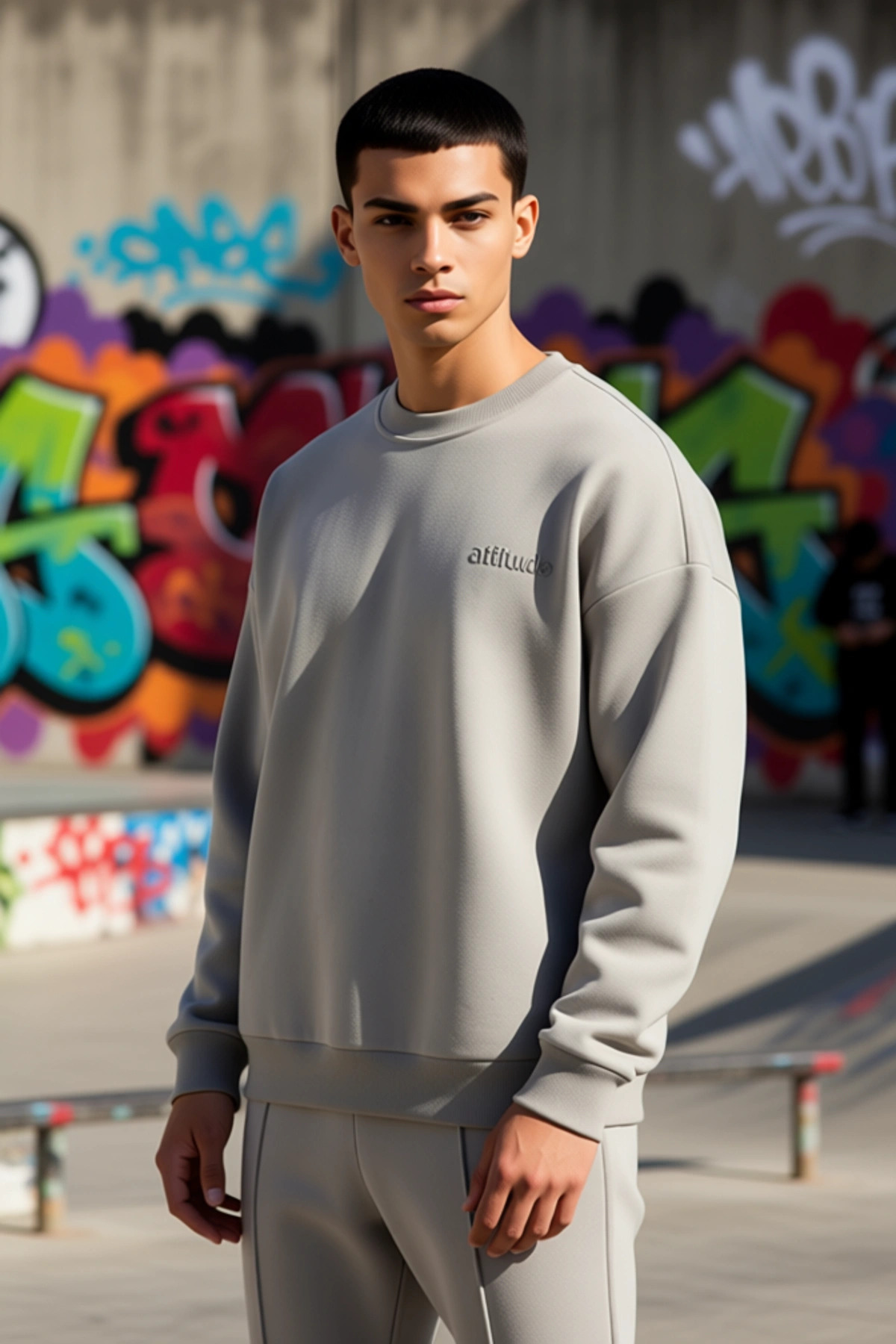 Erkek Bisiklet Yaka Düşük Kol Oversize Slogan Nakışlı Diagonal Sweatshirt Fonksiyonel Spor