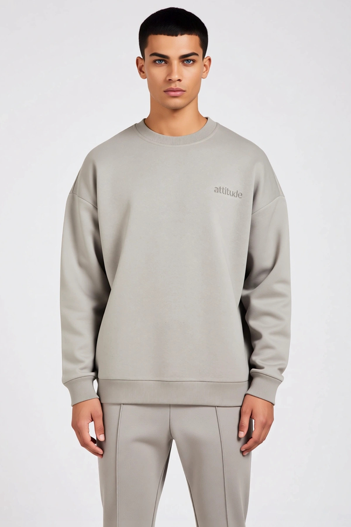 Erkek Bisiklet Yaka Düşük Kol Oversize Slogan Nakışlı Diagonal Sweatshirt Fonksiyonel Spor