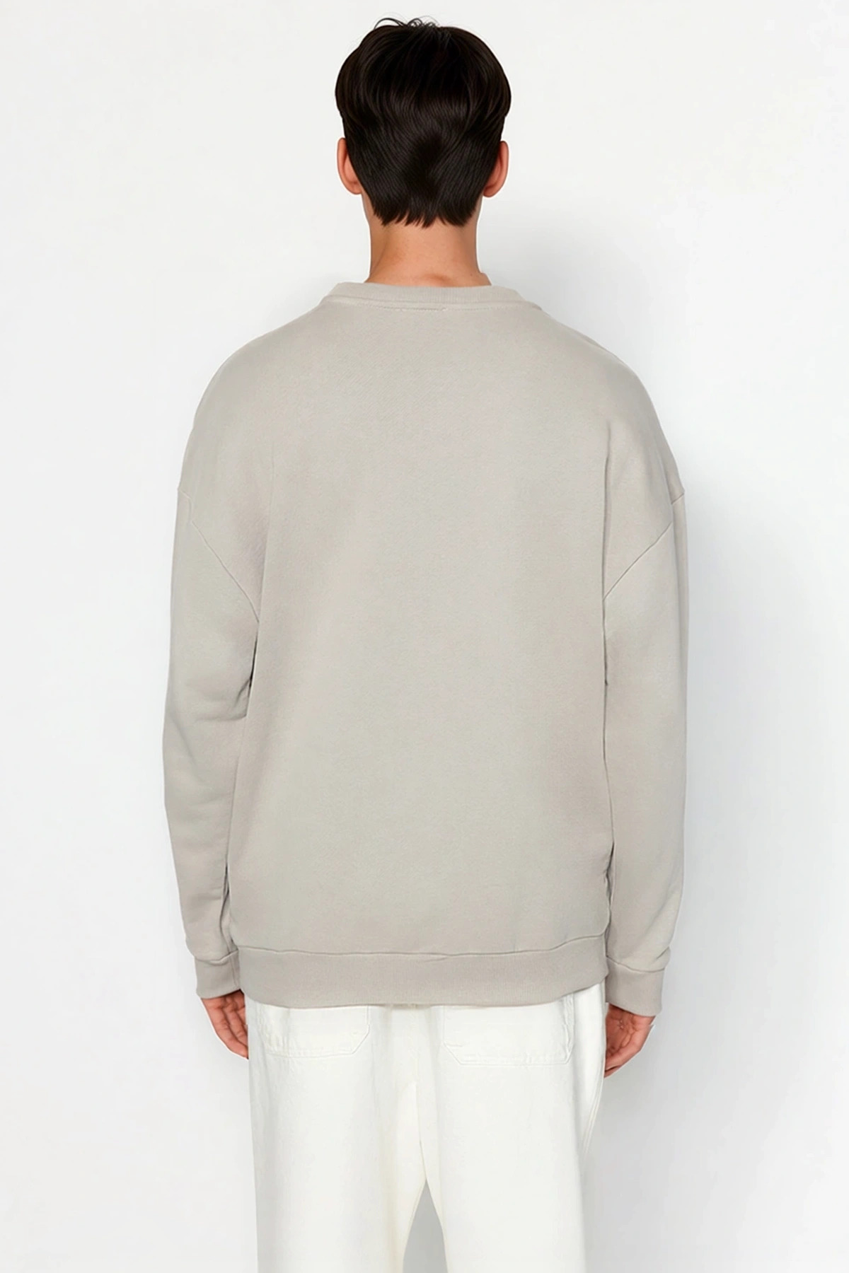 Erkek Bisiklet Yaka Düşük Kol Oversize Slogan Nakışlı Diagonal Sweatshirt Fonksiyonel Spor
