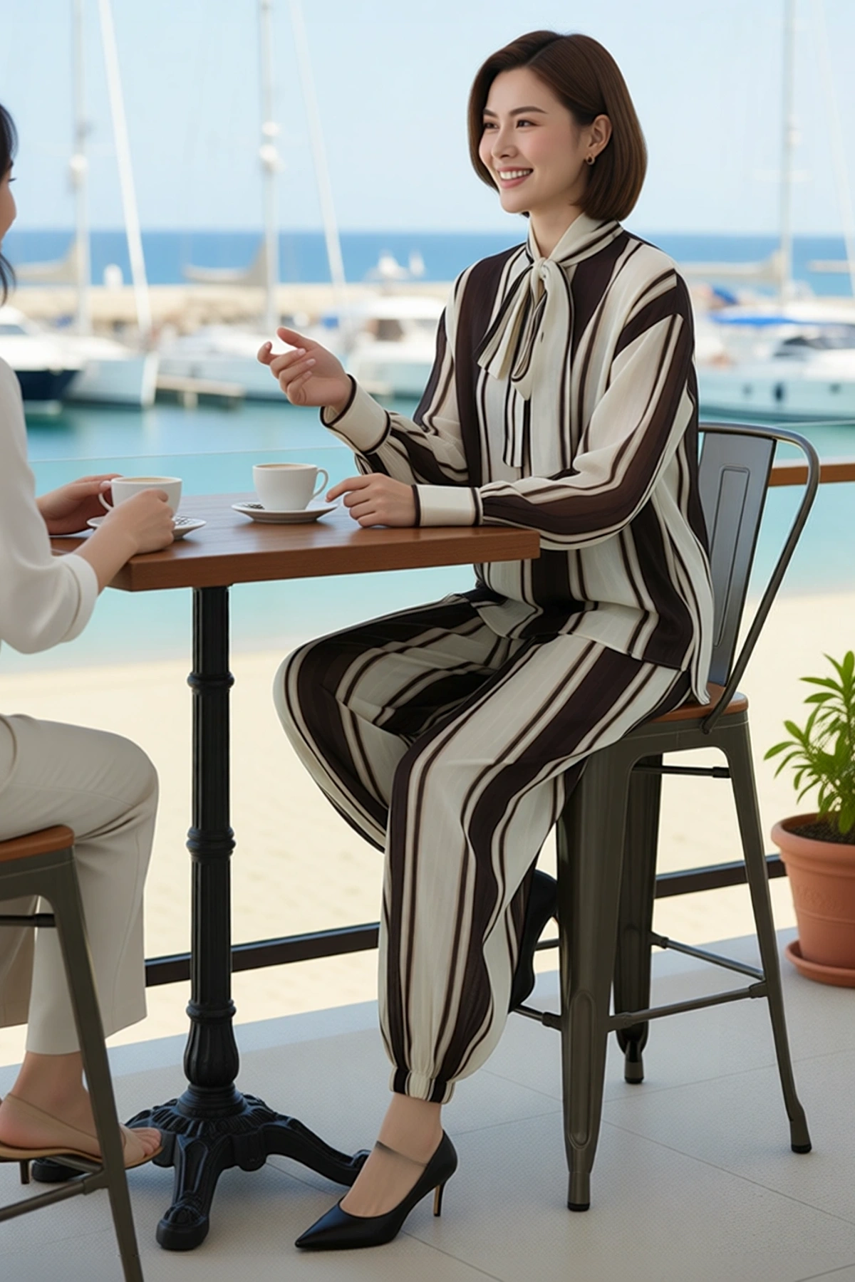 Kadın Oversize Çizgili Dokuma Takım V Yaka Uzun Kollu Bol Kesim Rahat Konforlu Günlük Modern Şık