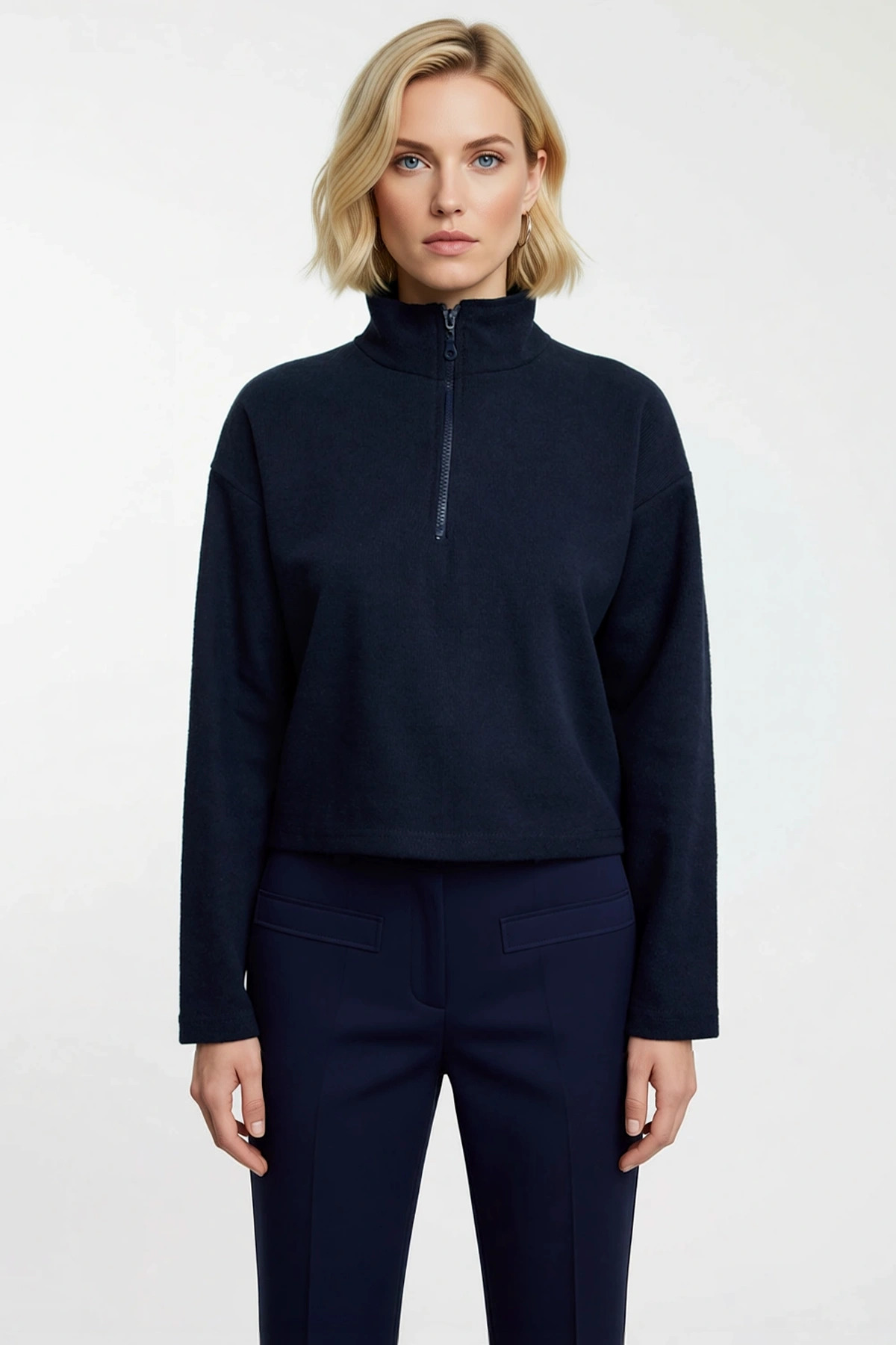 Kadın Fermuarlı Yaka Düşük Kol Selanik Örme Sweatshirt Fonksiyonel Dayanıklı Kaliteli Spor