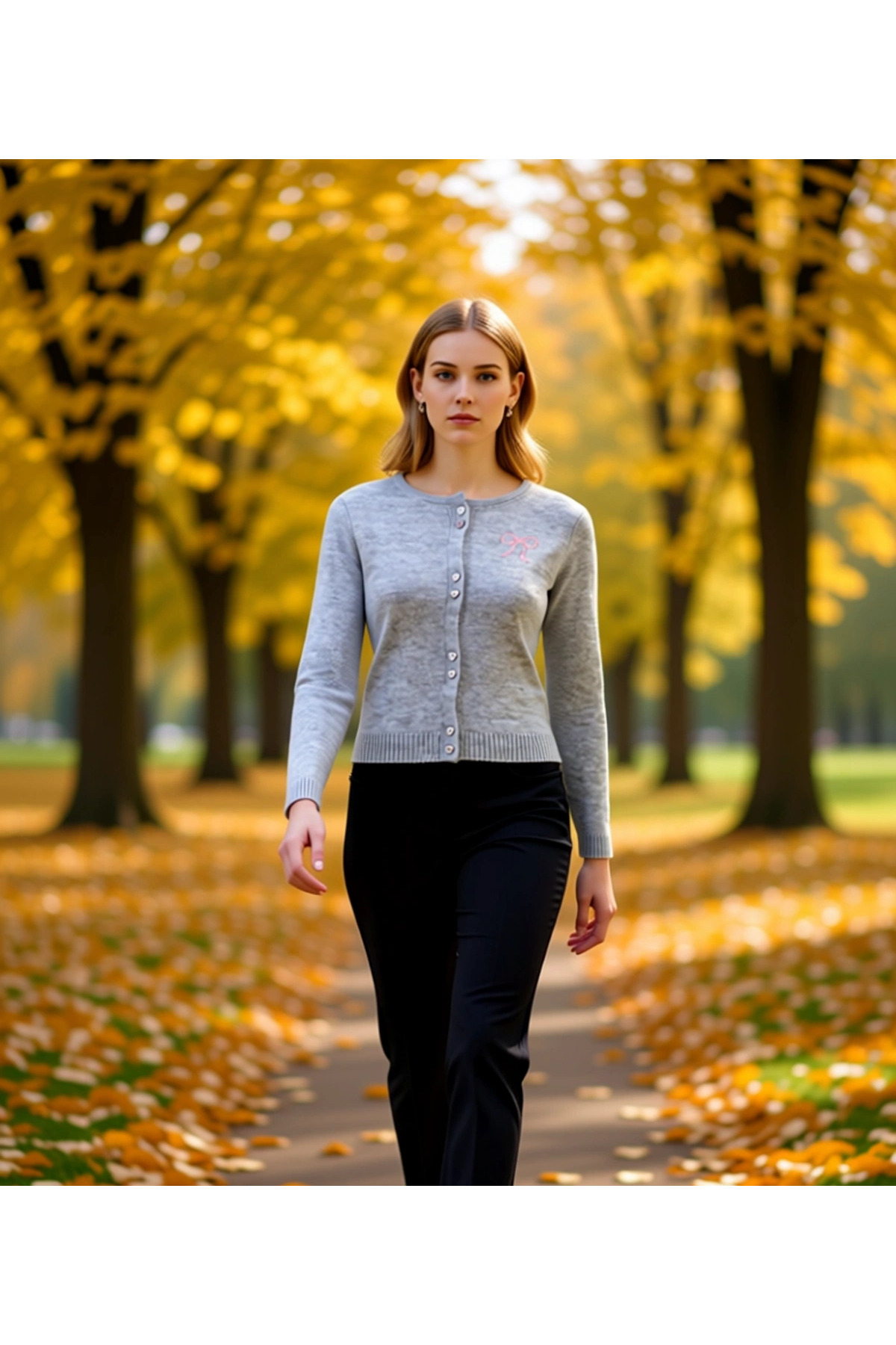 Alternative view of Genç Kızların Günlük Stiline Zarafet Katan Kalp Düğme Detaylı Kurdele Nakışlı Triko Hırka Şık