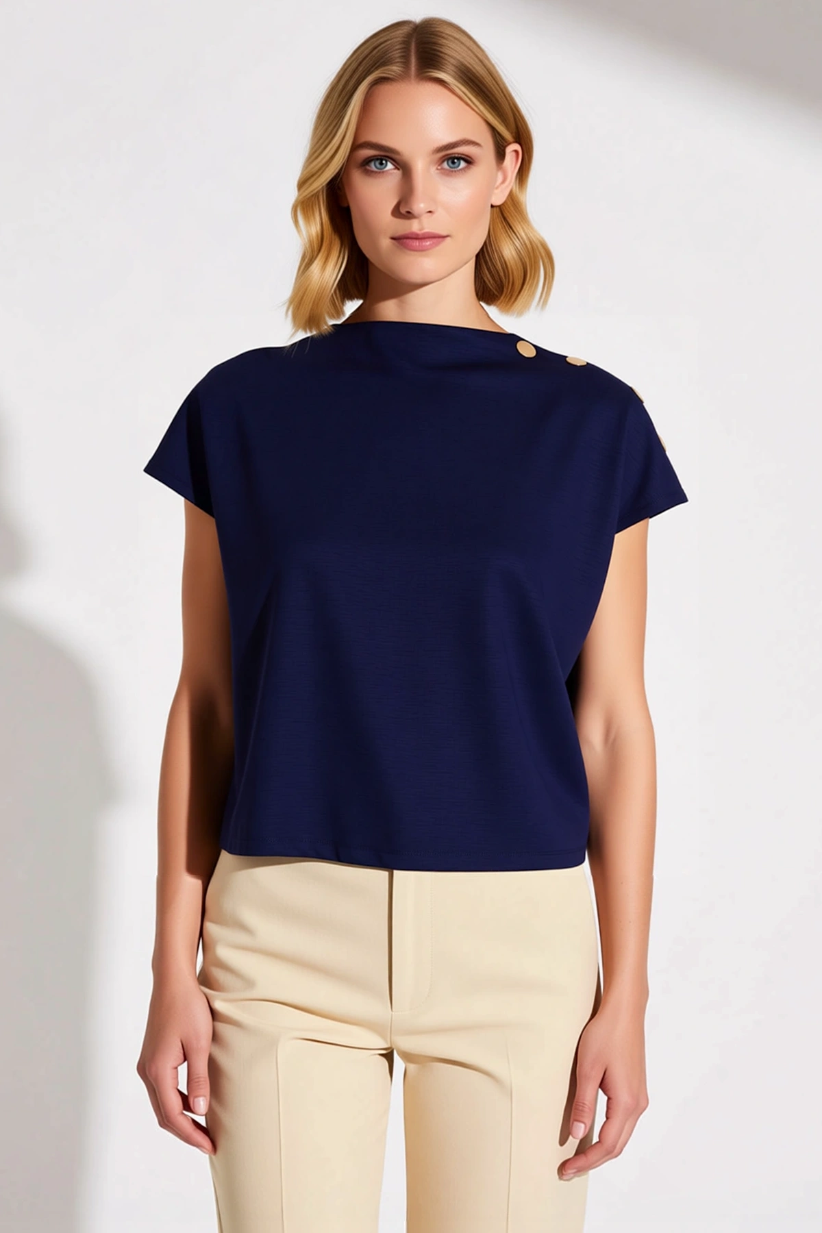 Kadın Bluz Crop Regular Kalıp Dik Yaka Yarasa Kol Soft Touch Örme Kumaş Aksesuar Detaylı Kısa Boy