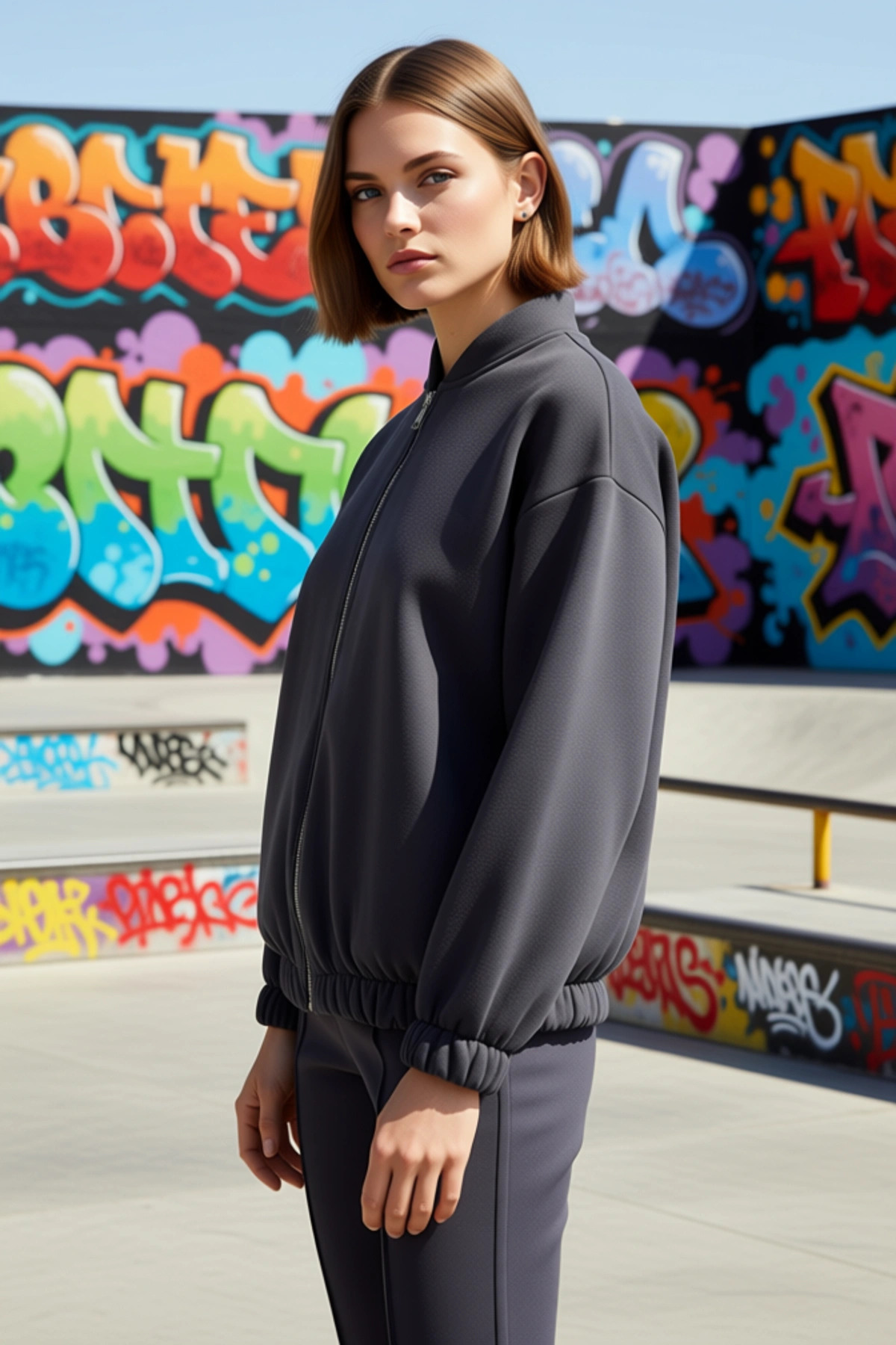 Kadın Bisiklet Yaka Düşük Kol Fermuarlı Oversize Kalın Örme Sweatshirt Fonksiyonel Estetik