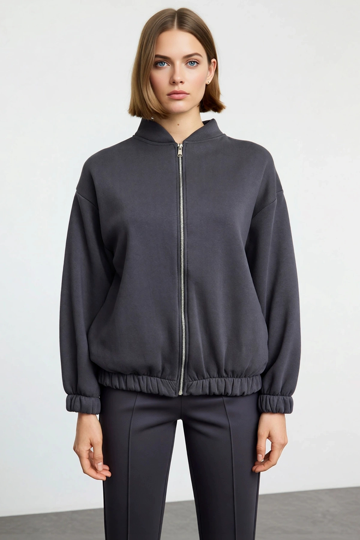 Kadın Bisiklet Yaka Düşük Kol Fermuarlı Oversize Kalın Örme Sweatshirt Fonksiyonel Estetik
