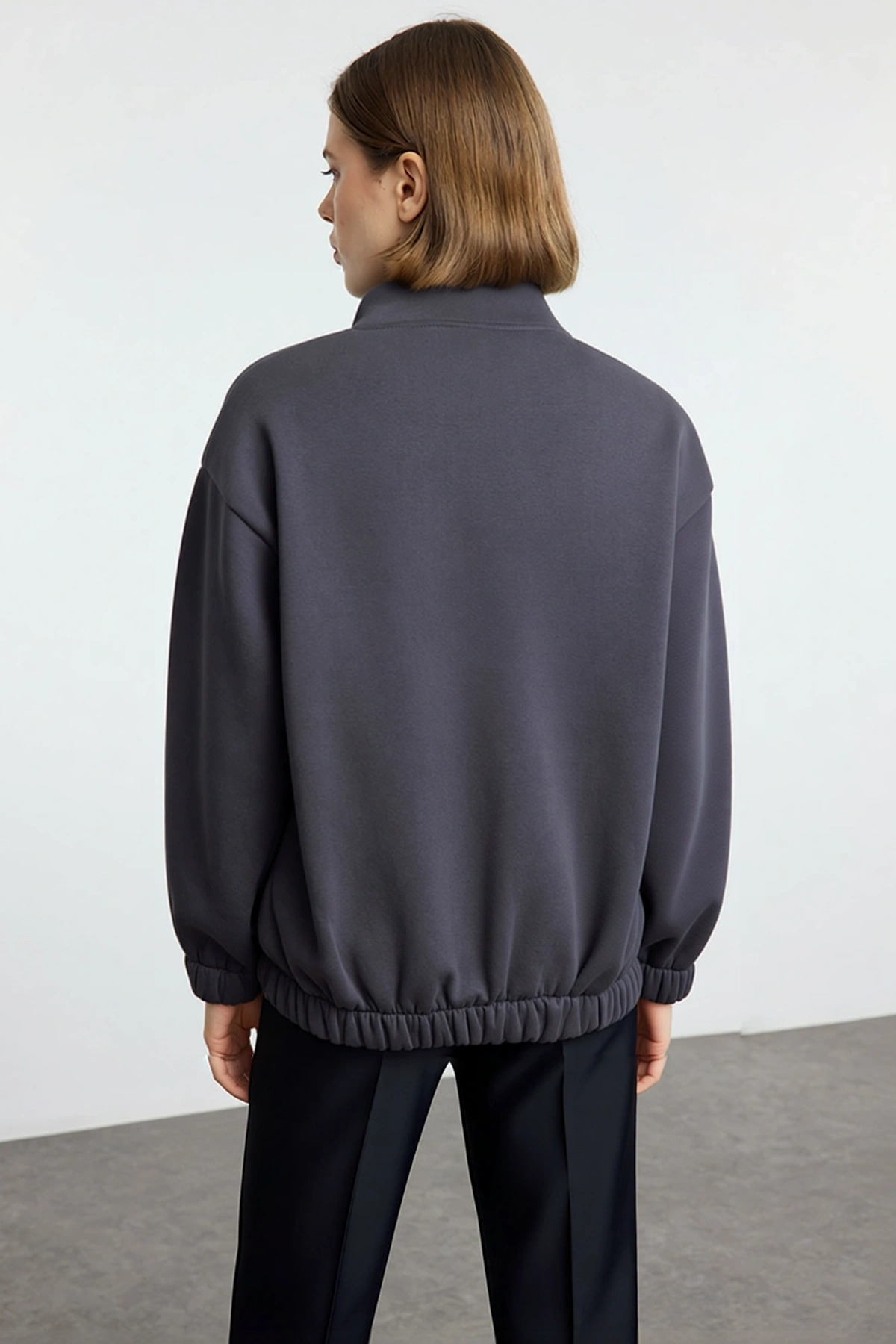 Kadın Bisiklet Yaka Düşük Kol Fermuarlı Oversize Kalın Örme Sweatshirt Fonksiyonel Estetik