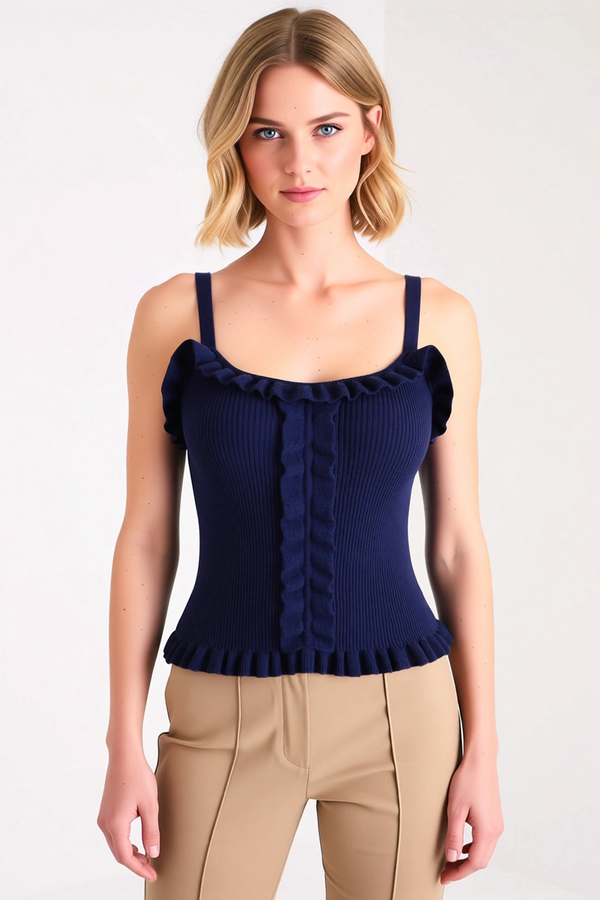 Kadın Bluz Crop Havuz Yaka Kolsuz Fitted Kesim İnce Triko Düz Desenli Tek Plaka Dokuma Yapısına
