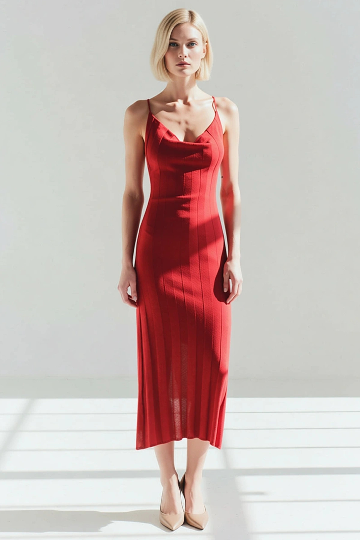 Kadın Triko Maxi Elbise Kare Yaka Kolsuz Bodycon Kalıp Düz Desen Şık