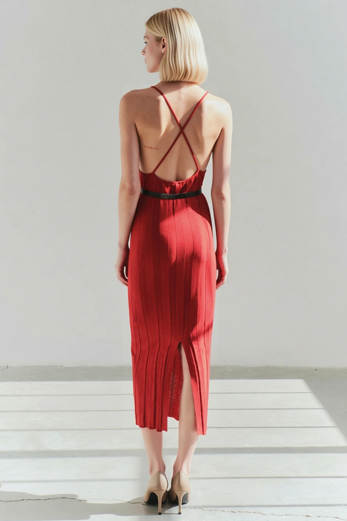 Kadın Triko Maxi Elbise Kare Yaka Kolsuz Bodycon Kalıp Düz Desen Şık