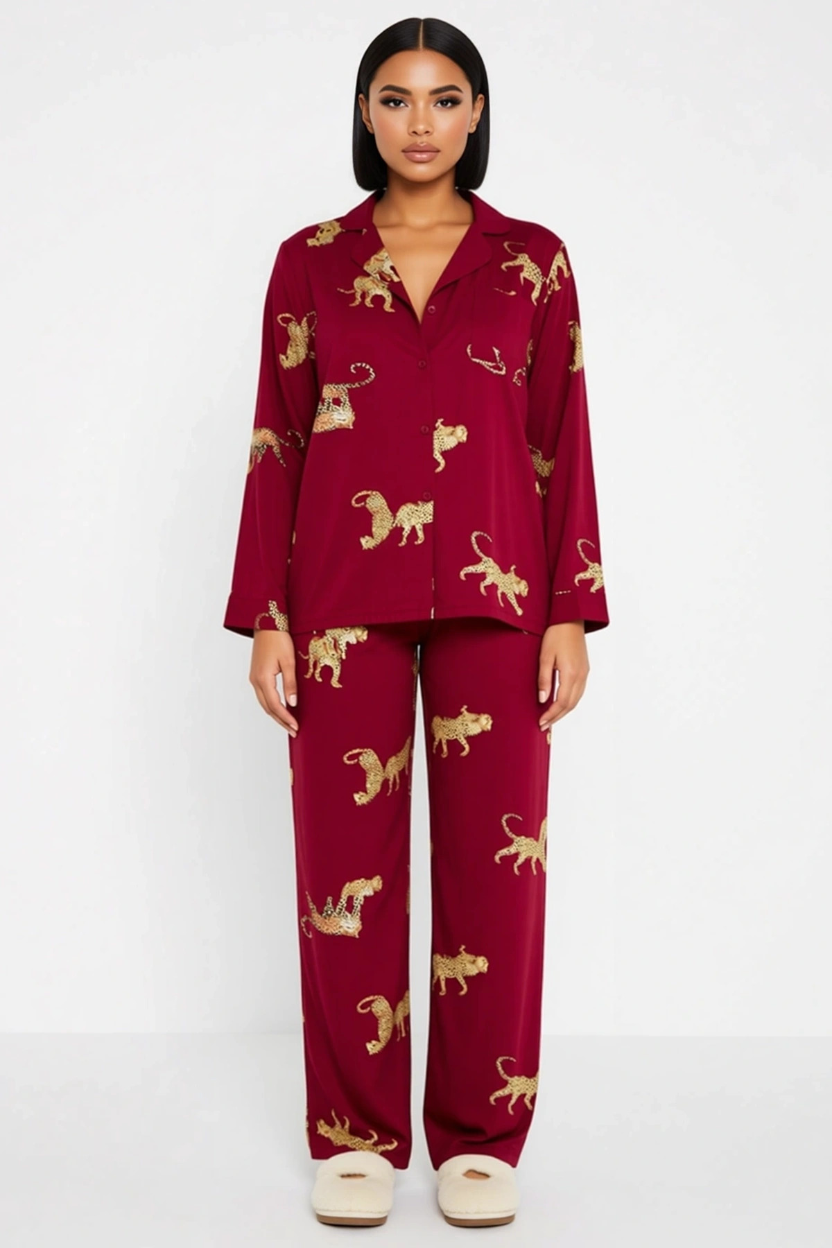 Kadın Gömlek Yaka Uzun Kol Animal Desenli Regular Kalıp Pijama Takımı Kaliteli