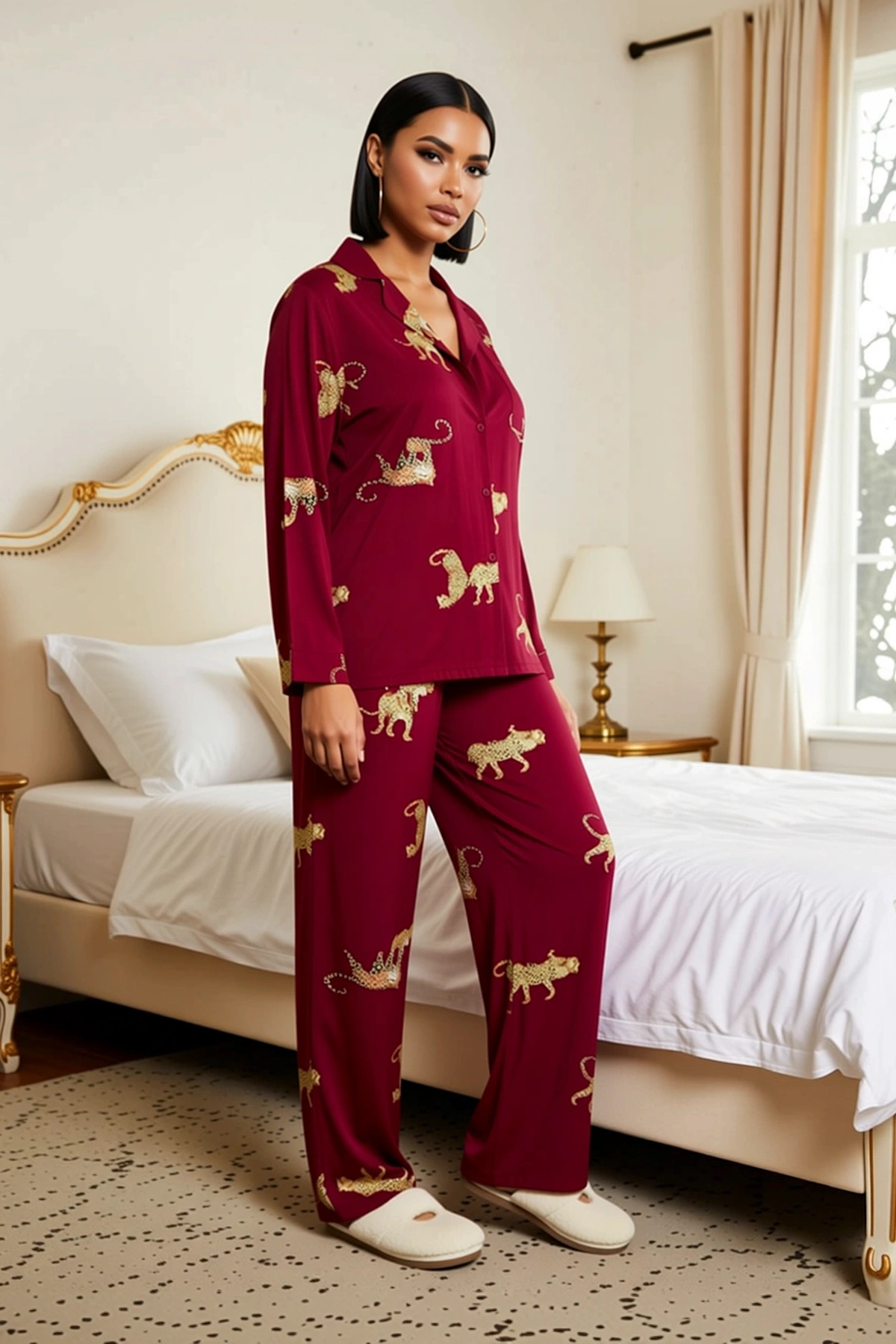 Kadın Gömlek Yaka Uzun Kol Animal Desenli Regular Kalıp Pijama Takımı Kaliteli