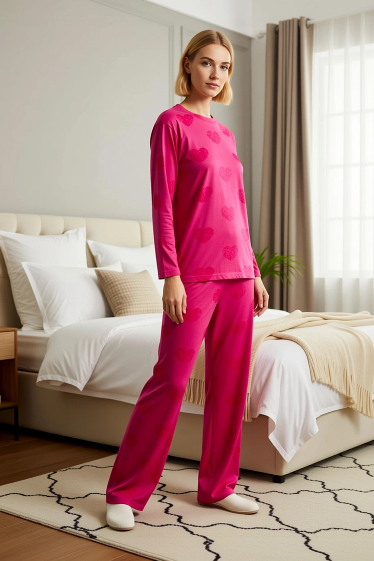 Kadın Bisiklet Yaka Düşük Kol Uzun Kollu Regular Kalıp Örme Büyük Beden Pijama Takımı Spor