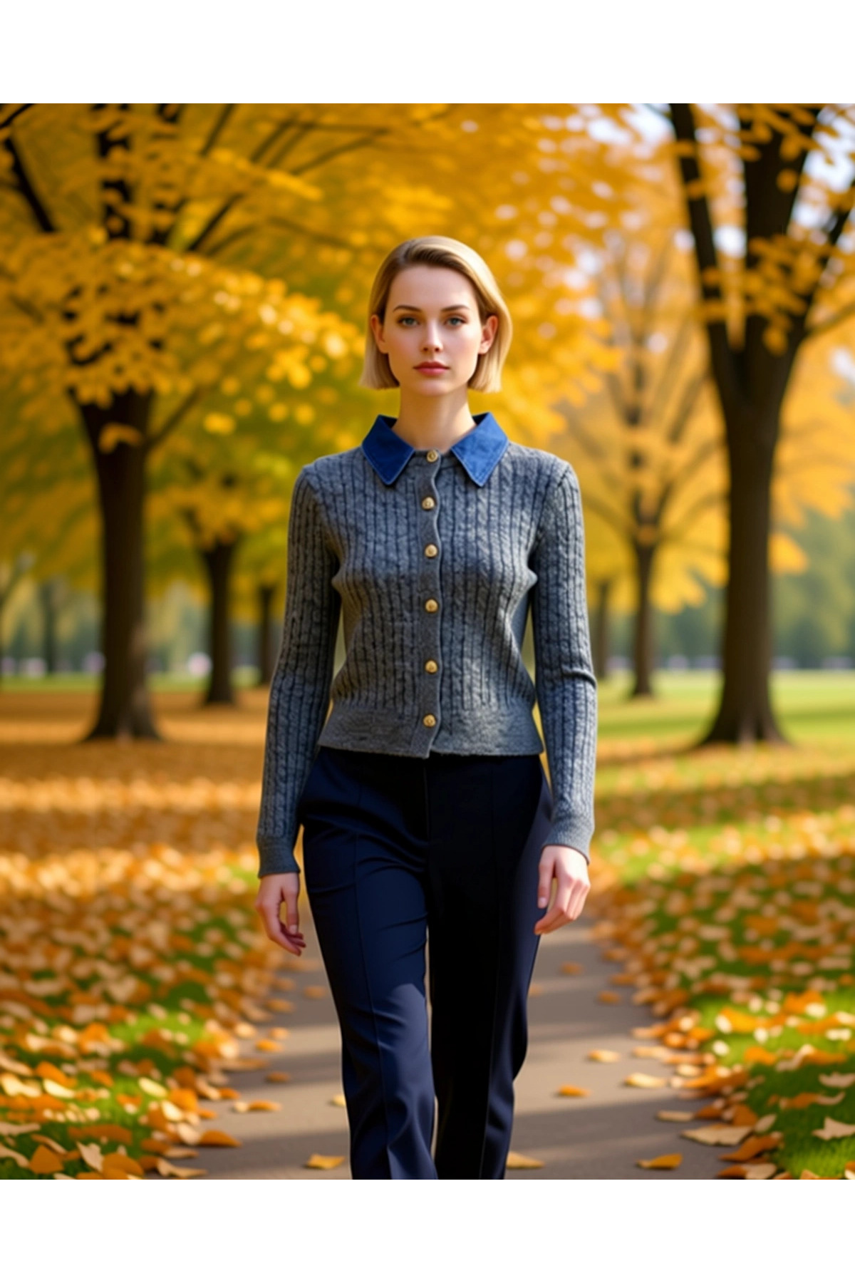 Alternative view of Kadın Denim Yakalı Saç Örgü Desenli Triko Hırka Kış Sezonu Rahat Şık Modern Görünüm Günlük Kombinler